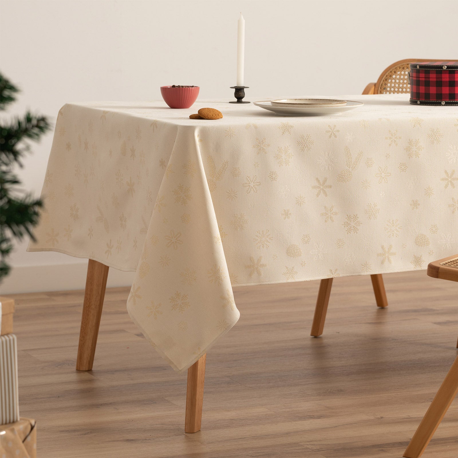 Mantel navidad algodón rectangular jacquard snowflake crudo 140x100 cm - flake