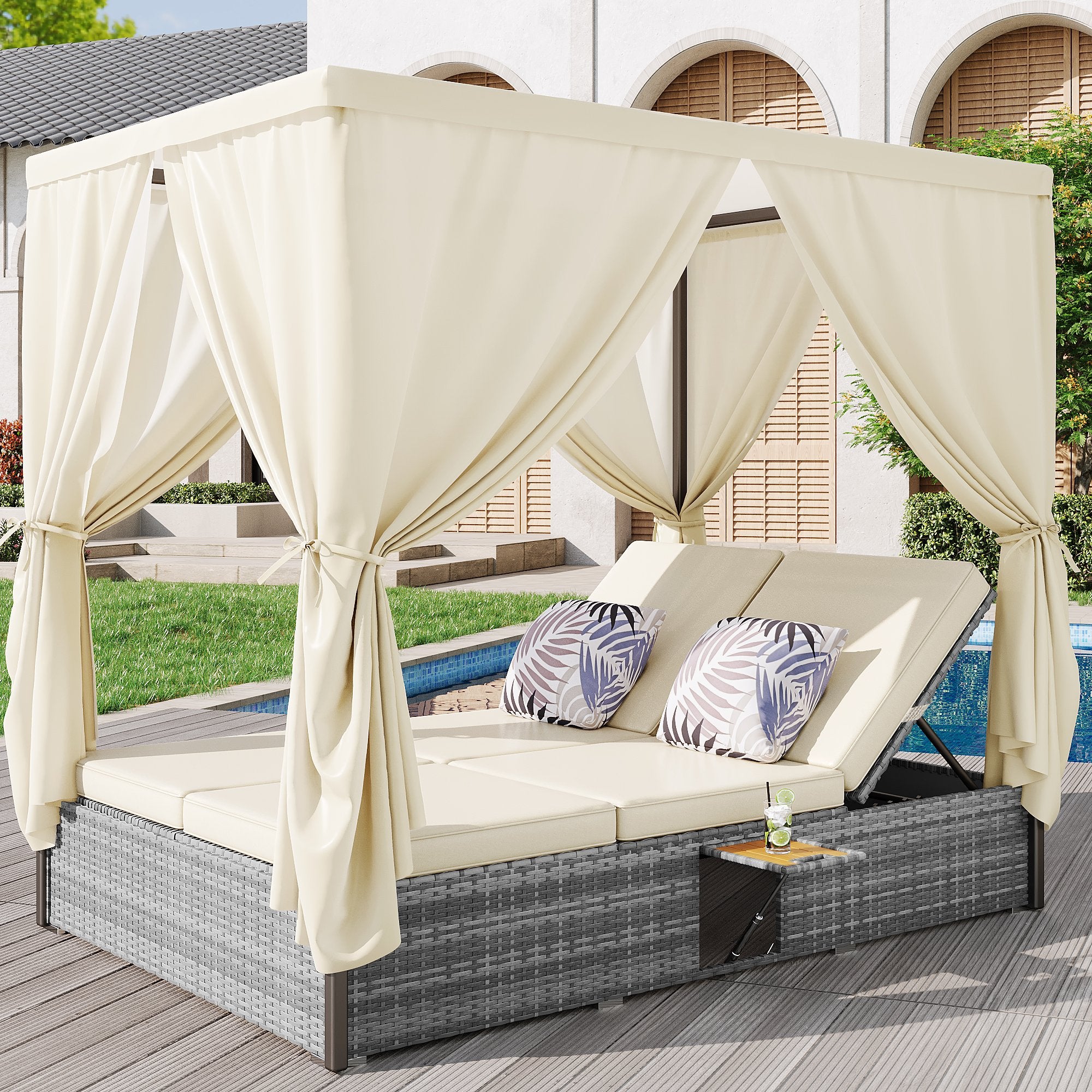 Chaise longue de jardin lit double avec parasol, chaise longue en rotin, coussins et table pliante avec coussins crème - 4