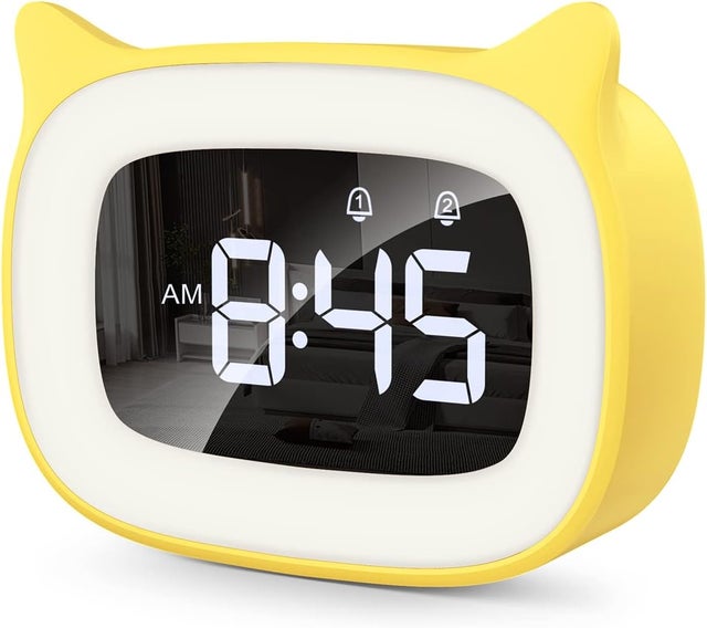 Réveil numérique pour enfants avec veilleuse , réveil pour enfants, Réveil chat mignon, lampe de chevet，Réveil-jaune