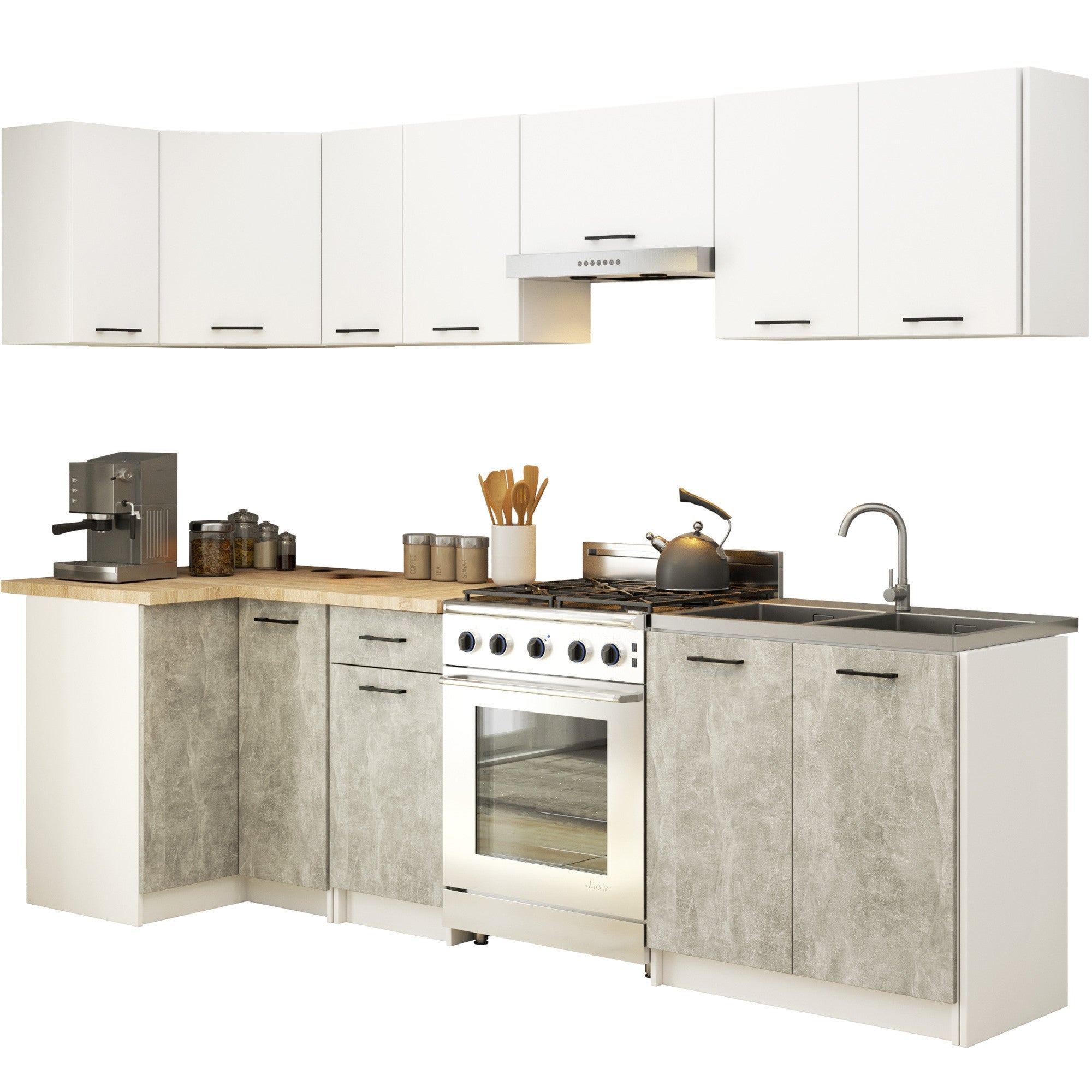 Zestaw kuchenny narożny OLIWIA 3.0m Biały 300 cm 11 drzwi 1 szuflada kolor Beton mat 16 półek 300x46x203 cm