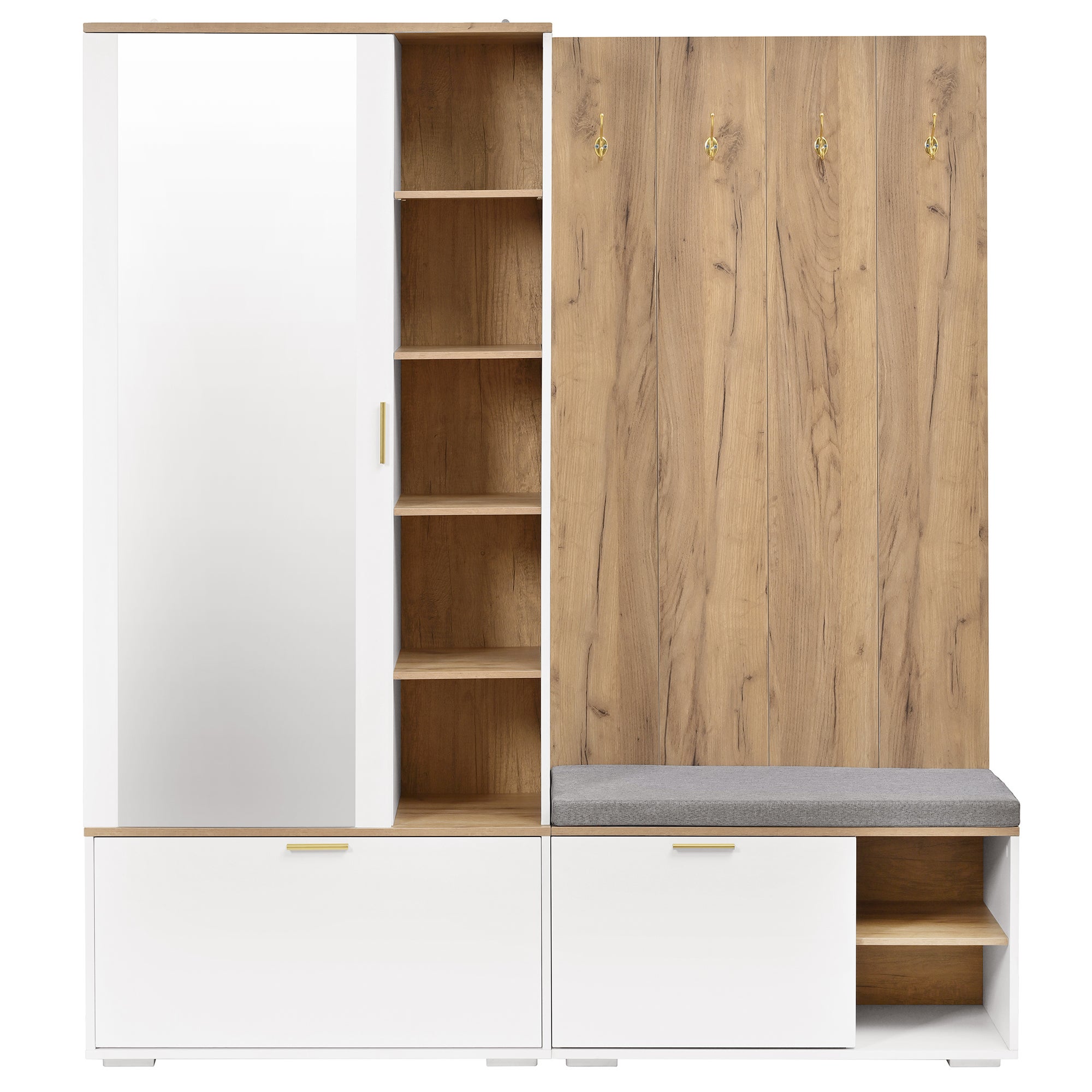 Ensemble meuble à chaussures avec banc, miroir, 4 crochets, porte-manteau et 3 portes - 160 x 38 x 180 cm - Panneau de particules - Naturel + blanc - 9