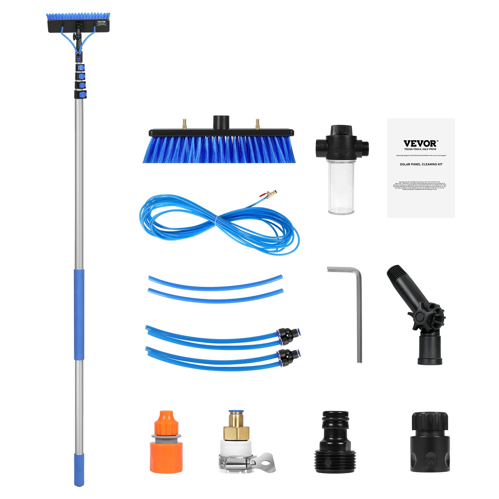 Kit perche télescopique 9 m,VEVOR brosse PP rotative 180°,tuyau 20 m,outil nettoyage panneaux solaires/vitres alimenté eau - 9
