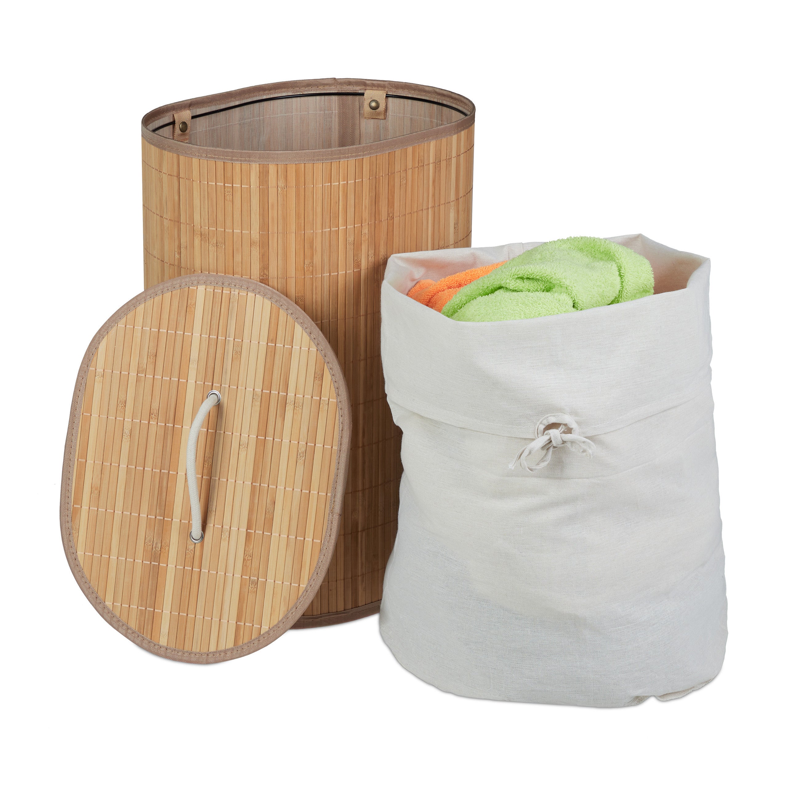 2 x cesto para roupa suja em bambu, oval, 46 l, dobrável, com tampa, HBT: 55 x 42 x 32 cm, natural - 6