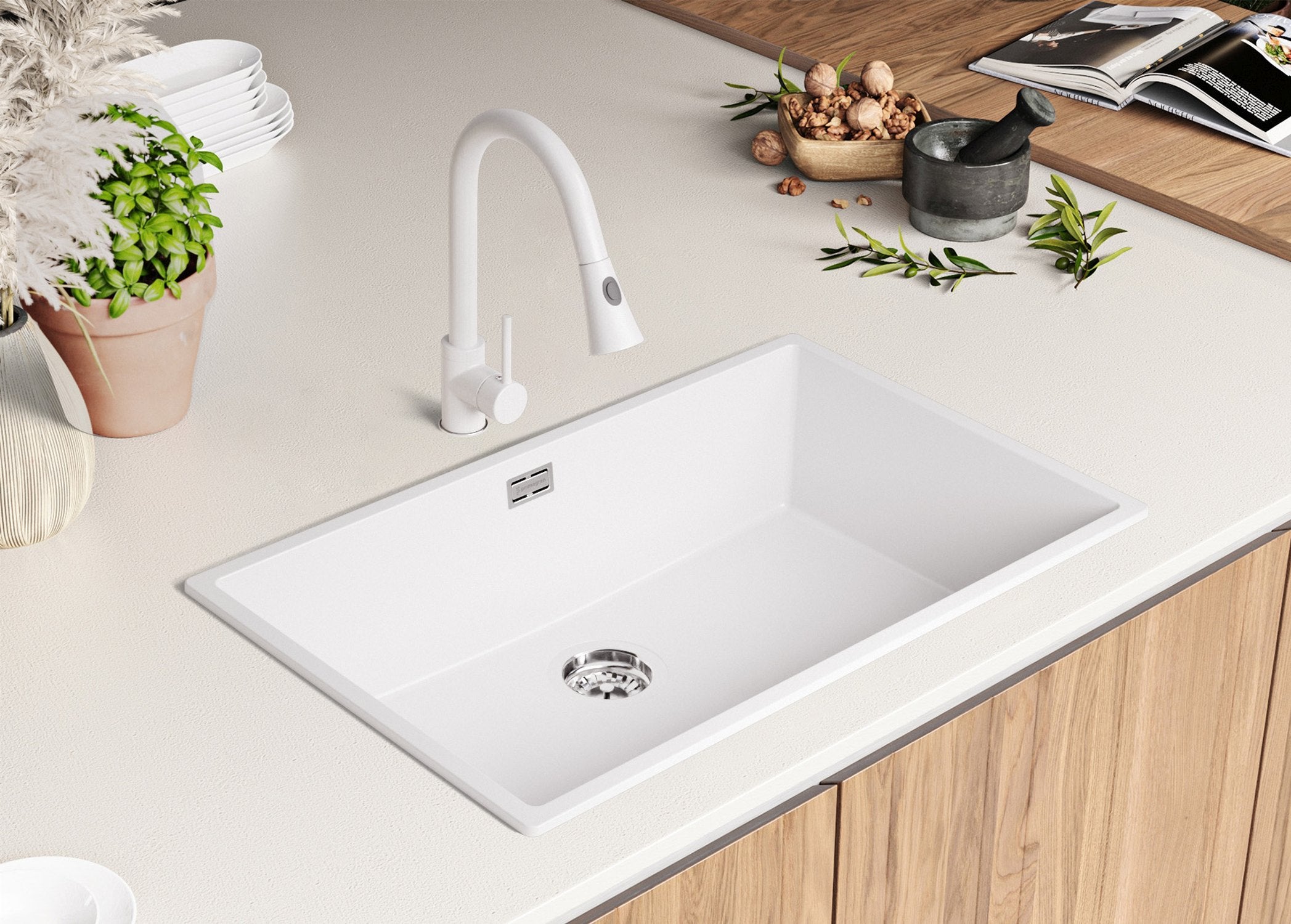 Lava-louça de pousar Branco 76x47cm, Pia de Cozinha 1 cuba + Kit de drenagem, Pia em Granito em armários de 80cm - Madrid PRIMAGRAN - 8