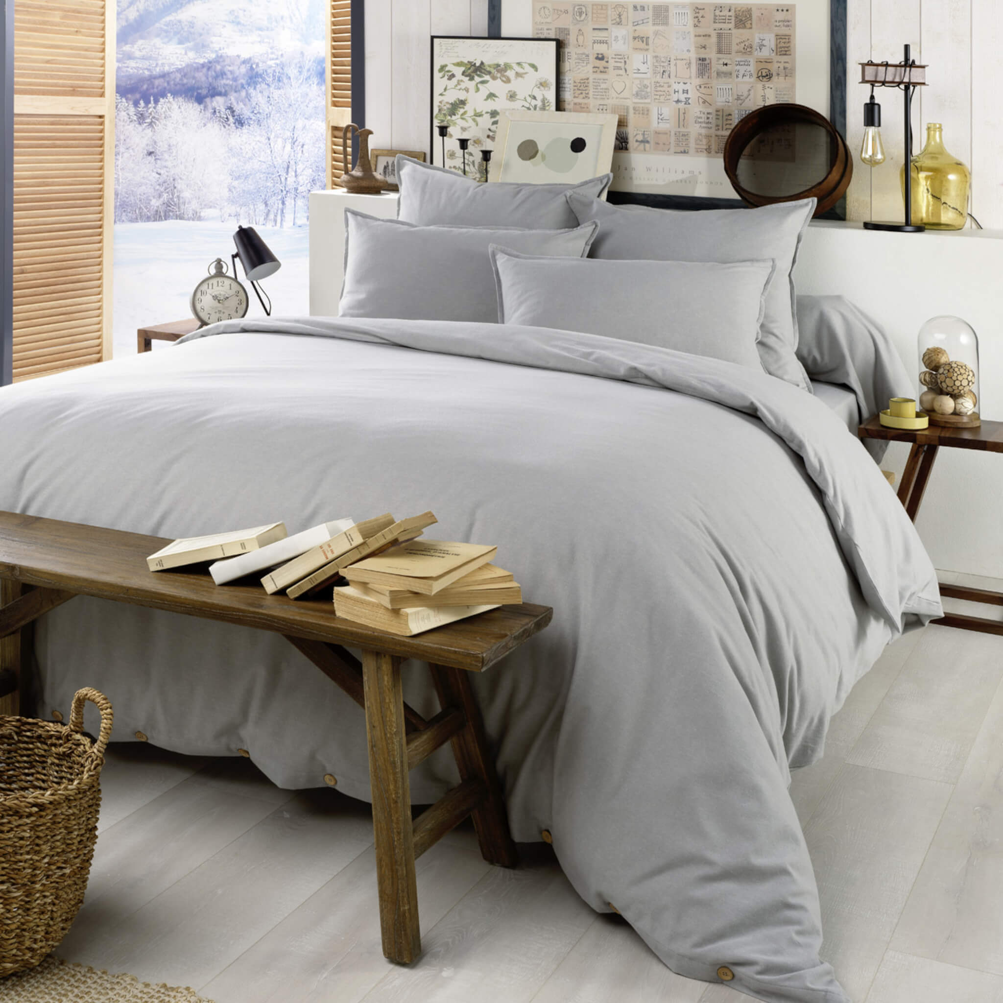 Parure De Lit En Coton Flanelle – Imprimé Floral Gris, Taille 220x240 Cm (King), Avec 2 Taies D'oreiller 63x63 Cm