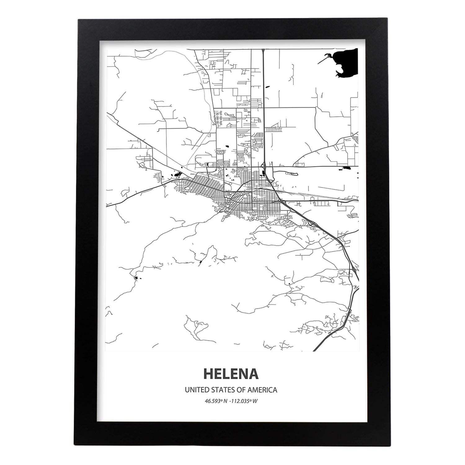 Poster con mapa de helena usa. láminas de ciudades de estados unidos con mares y rios en color negro. sin marco - a3