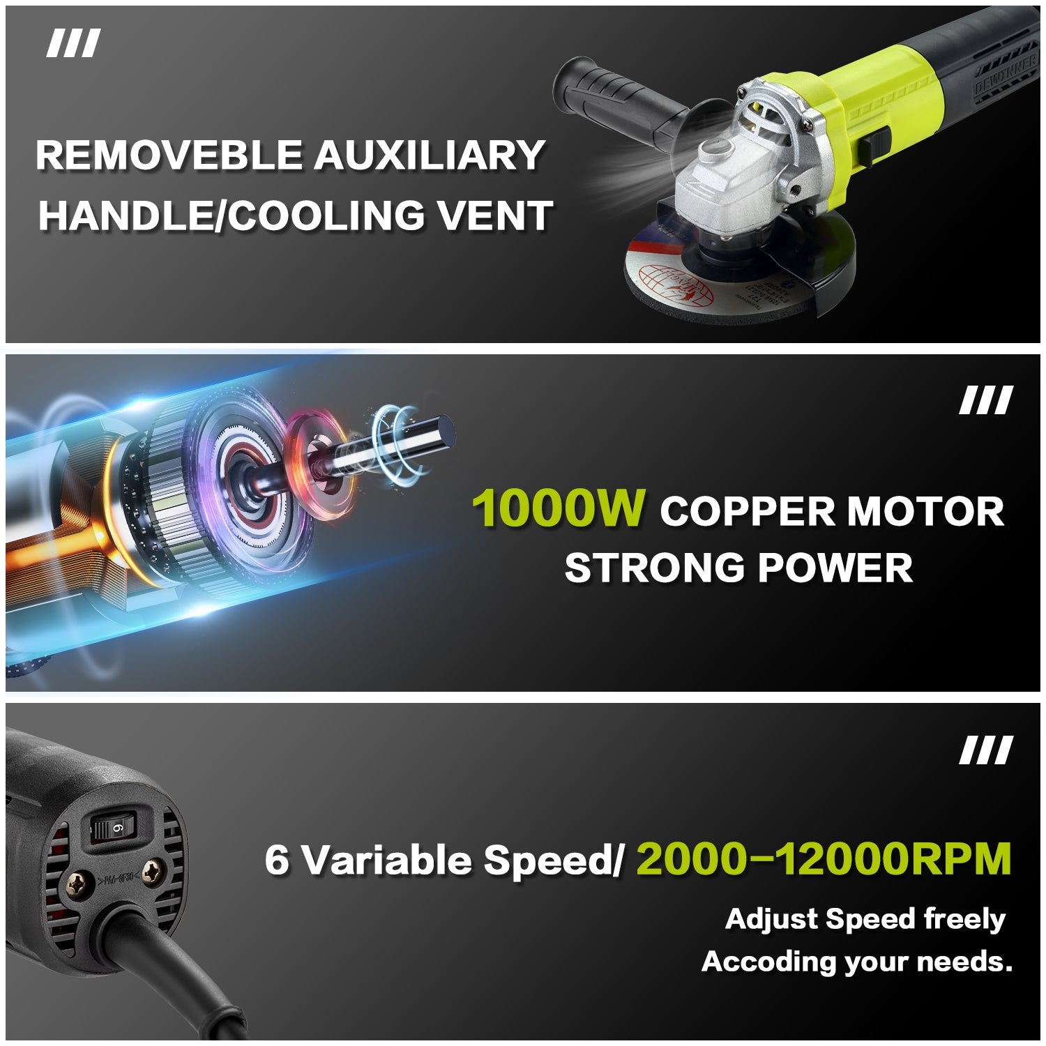 DEWINNER Meuleuse D'angle 125mm 1000W 2000-12000 trs/min Avec 20 Accessoires, Meuleuses D'angle Avec Sac à Main en Toile, Disqueuse 125 mm - 4