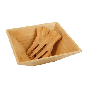 Insalatiera XXL con posate in bambù, 30 cm, colore nero, ciotola in plastica, grande con coperchio in legno, ciotola per mescolare, ciotola con posate da portata per frutta, insalate, dessert per