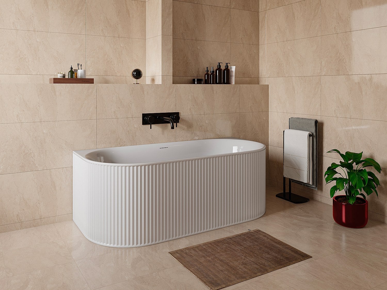 Baignoire semi îlot striée - 170 x 80 x 60 cm - Acrylique - Blanc mat - 290 L - BARBORI - 5