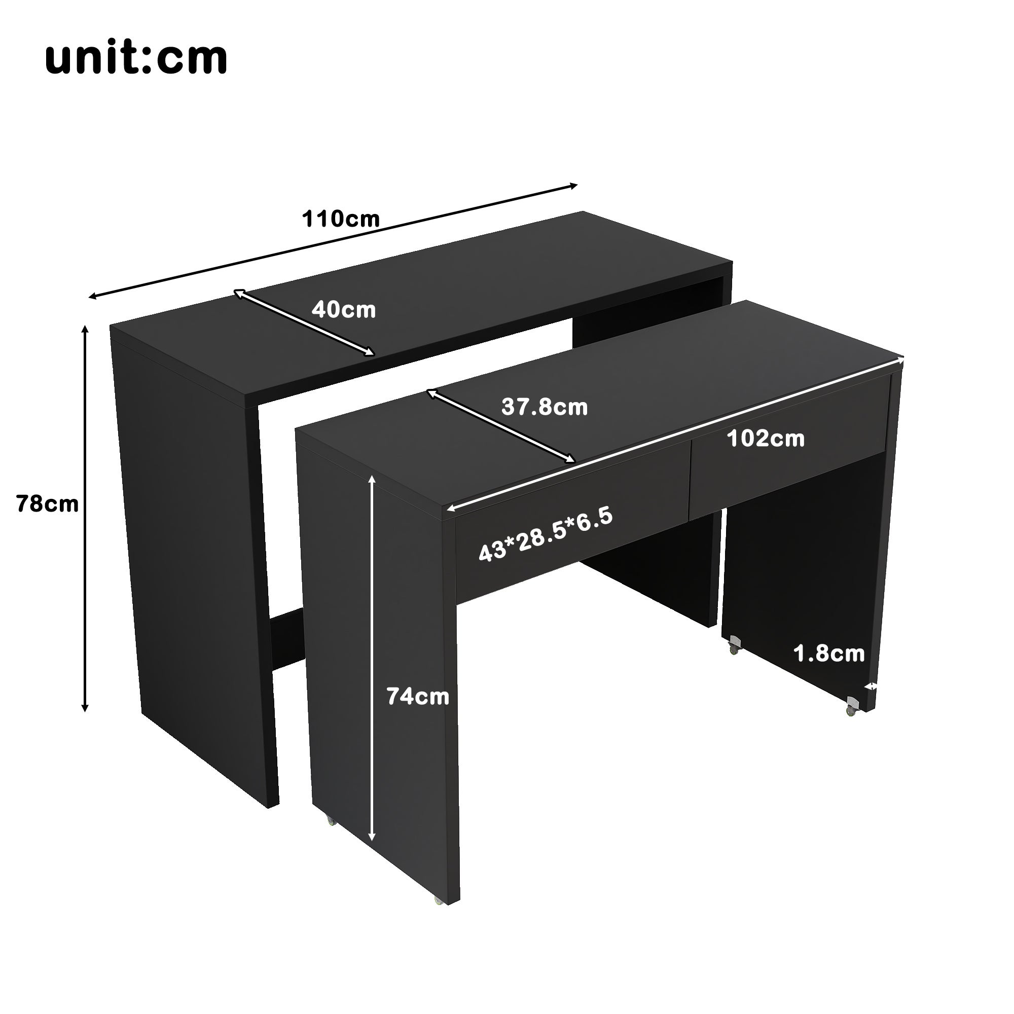 Bureau extensible 110x40x78 cm, bureau gigogne avec roulettes et 2 tiroirs, noir - 2