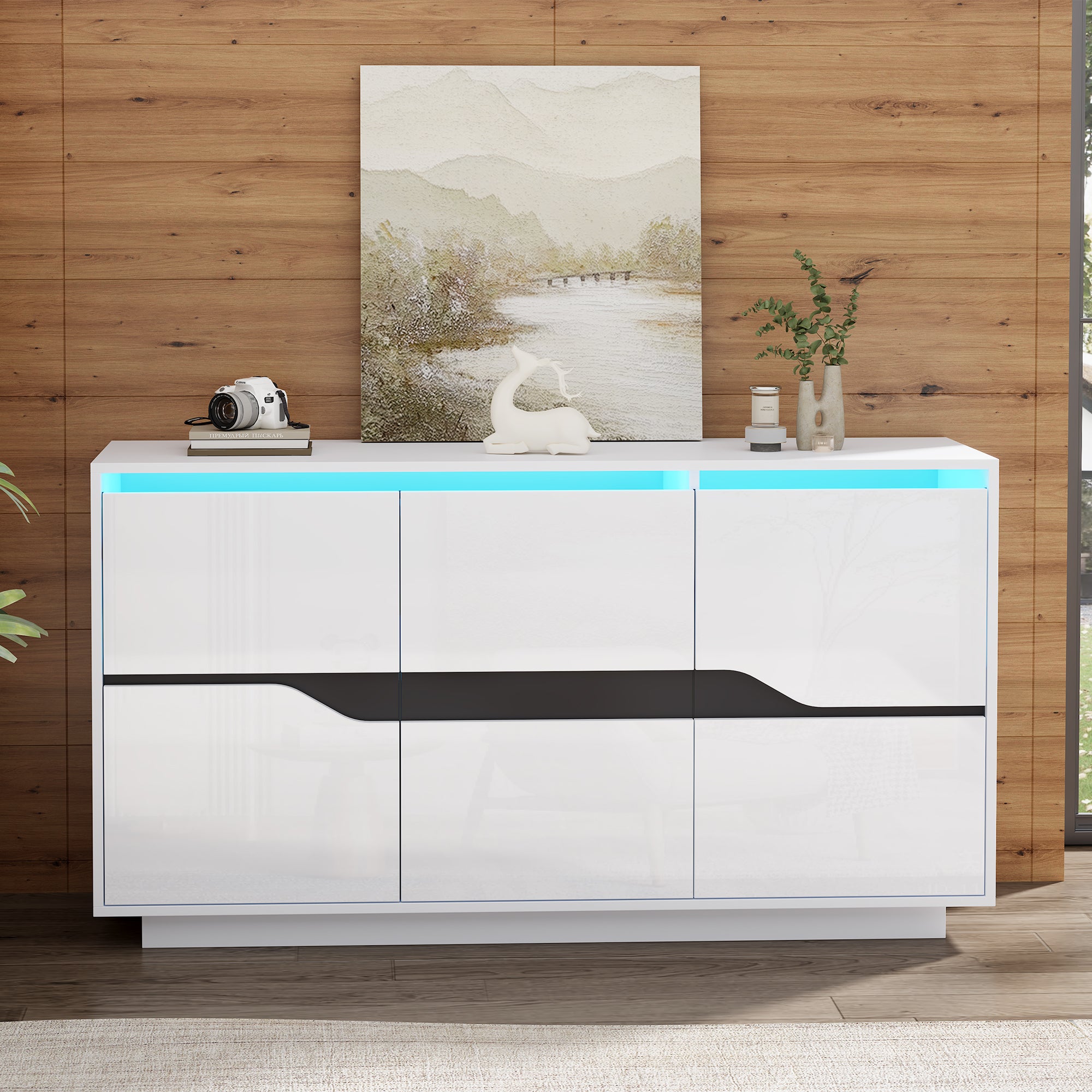 Komoda z 3 drzwiami, szufladami - 140 x 40 x 76 cm - Diody LED - Regulowane półki - Płyta wiórowa - Kolor biały