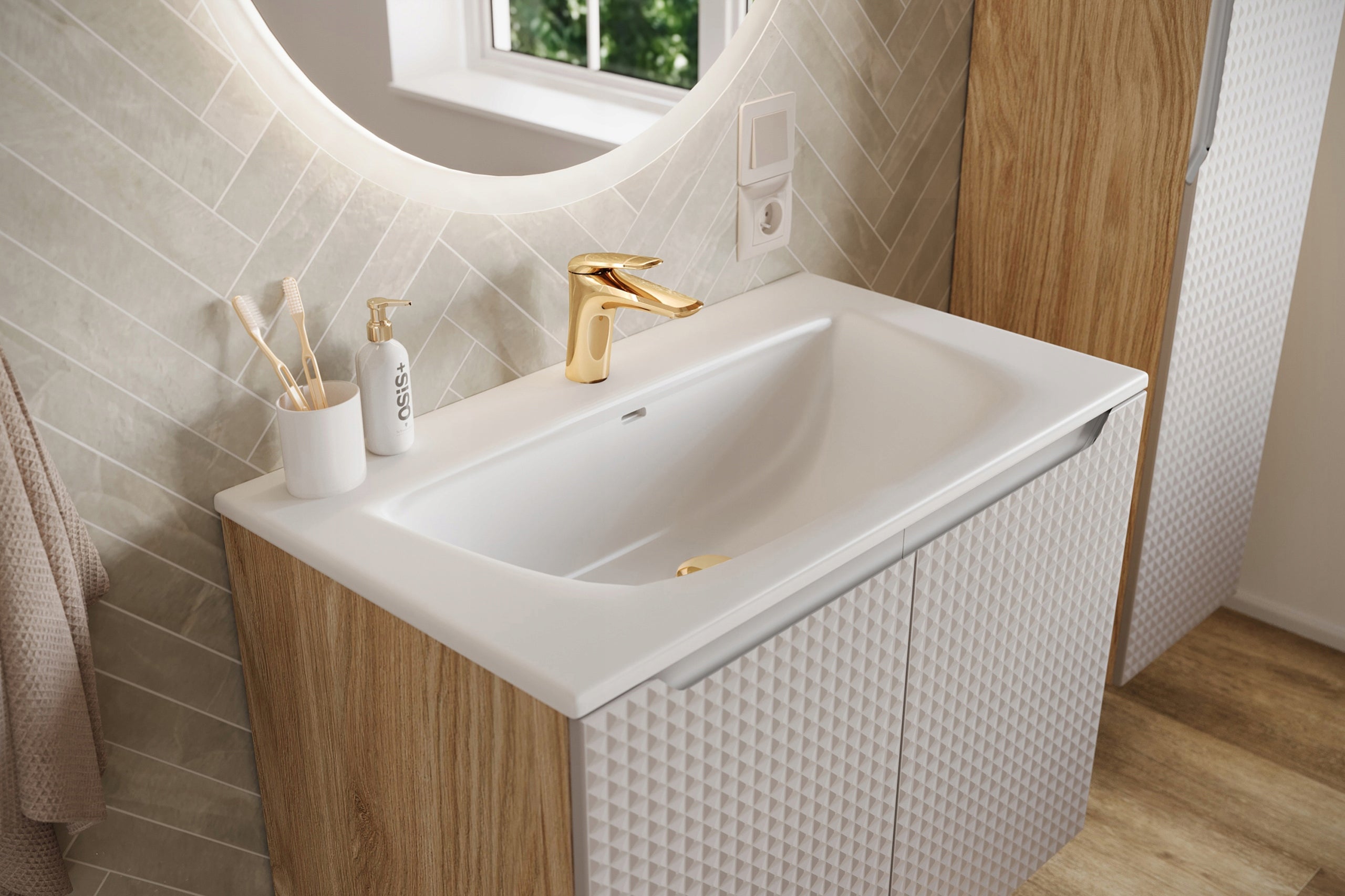 Szafka łazienkowa LUXOR 90 cm beżowa dąb olejowany front 3D MDF z szufladami - 7