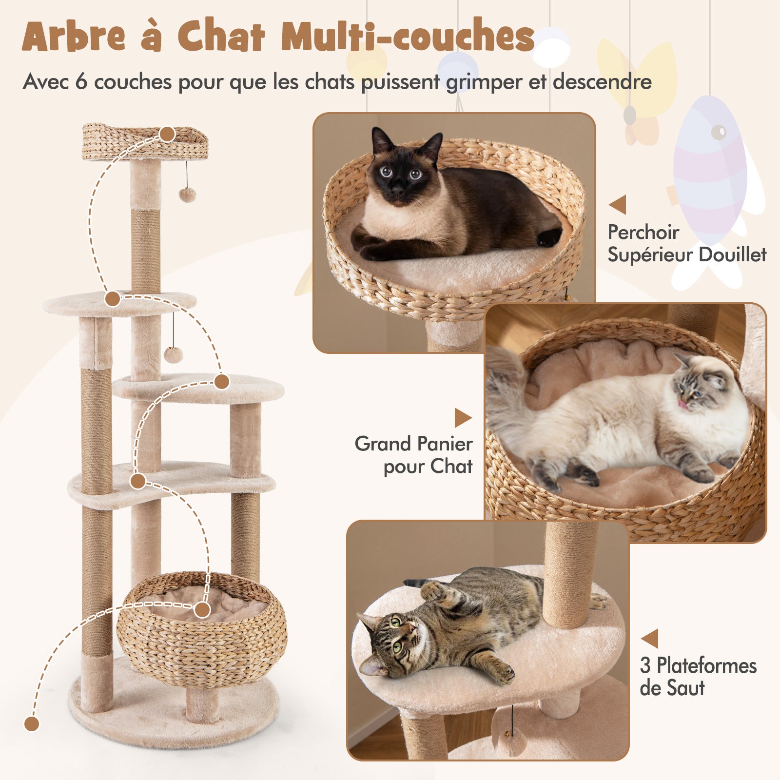 Arbre a Chat Bois 164 cm, 3 Griffoirs Chat en Jute, 5 Plateformes, Quenouille Tressée, Coussins Amovible, 2 Pompons, Tour pour Chat à 6 Étages - 3