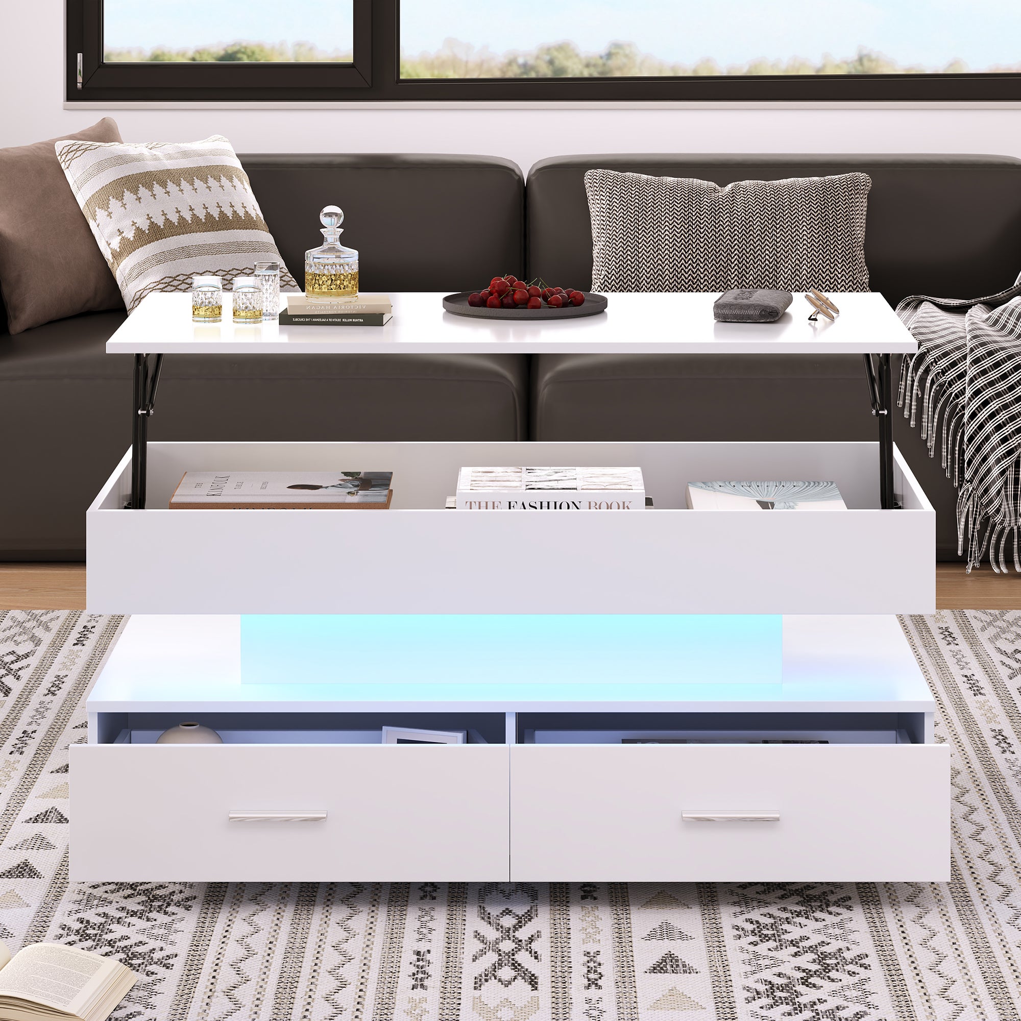 Table basse relevable LED 100x50x44 cm , Bluetooth, 2 Tiroirs et Rangement - pour Salon - Blanc - 3