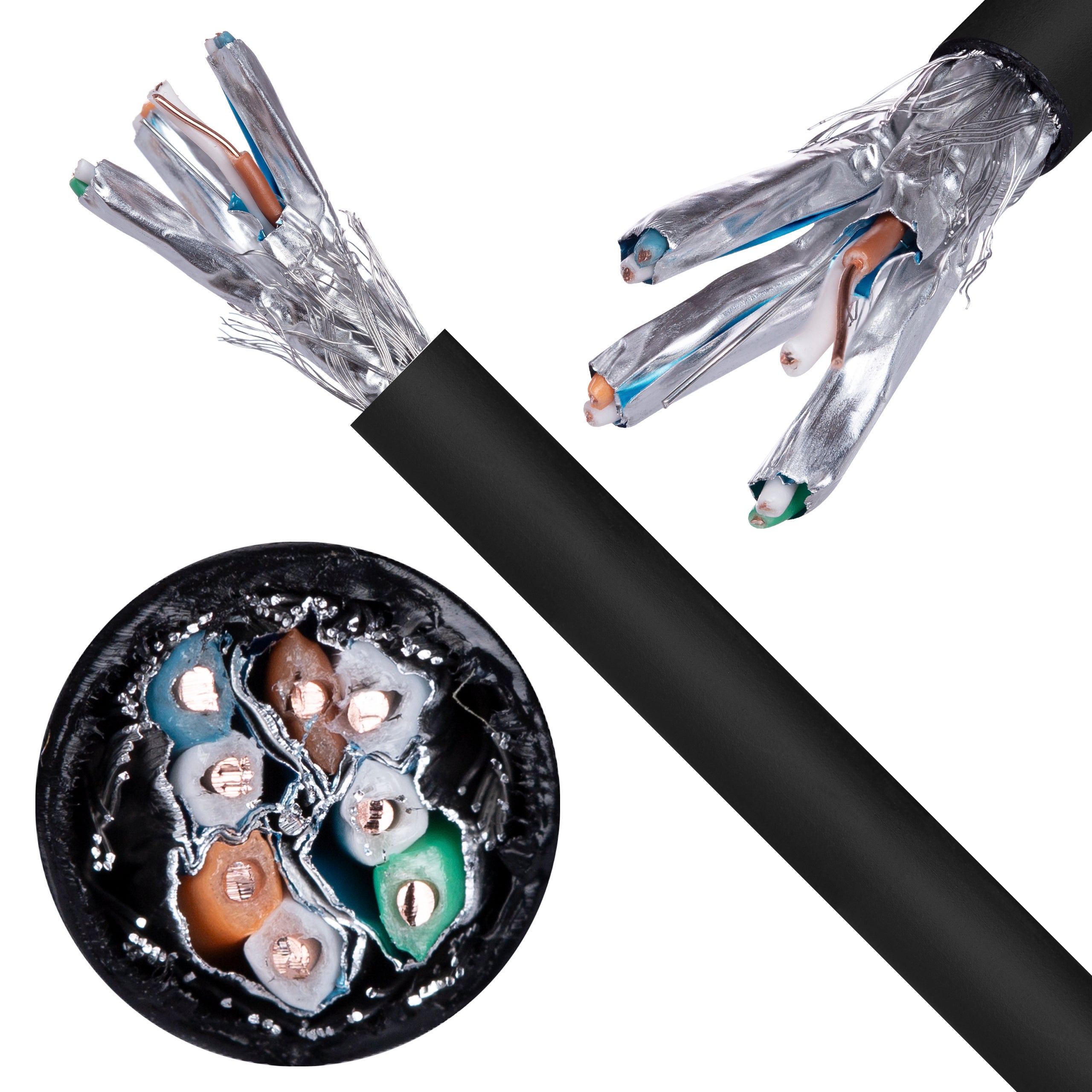 Kabel sieciowy S/FTP kat.7 skrętka 4x2x0,56mm zewnętrzny suchy PE czarny SecurityNET 500m