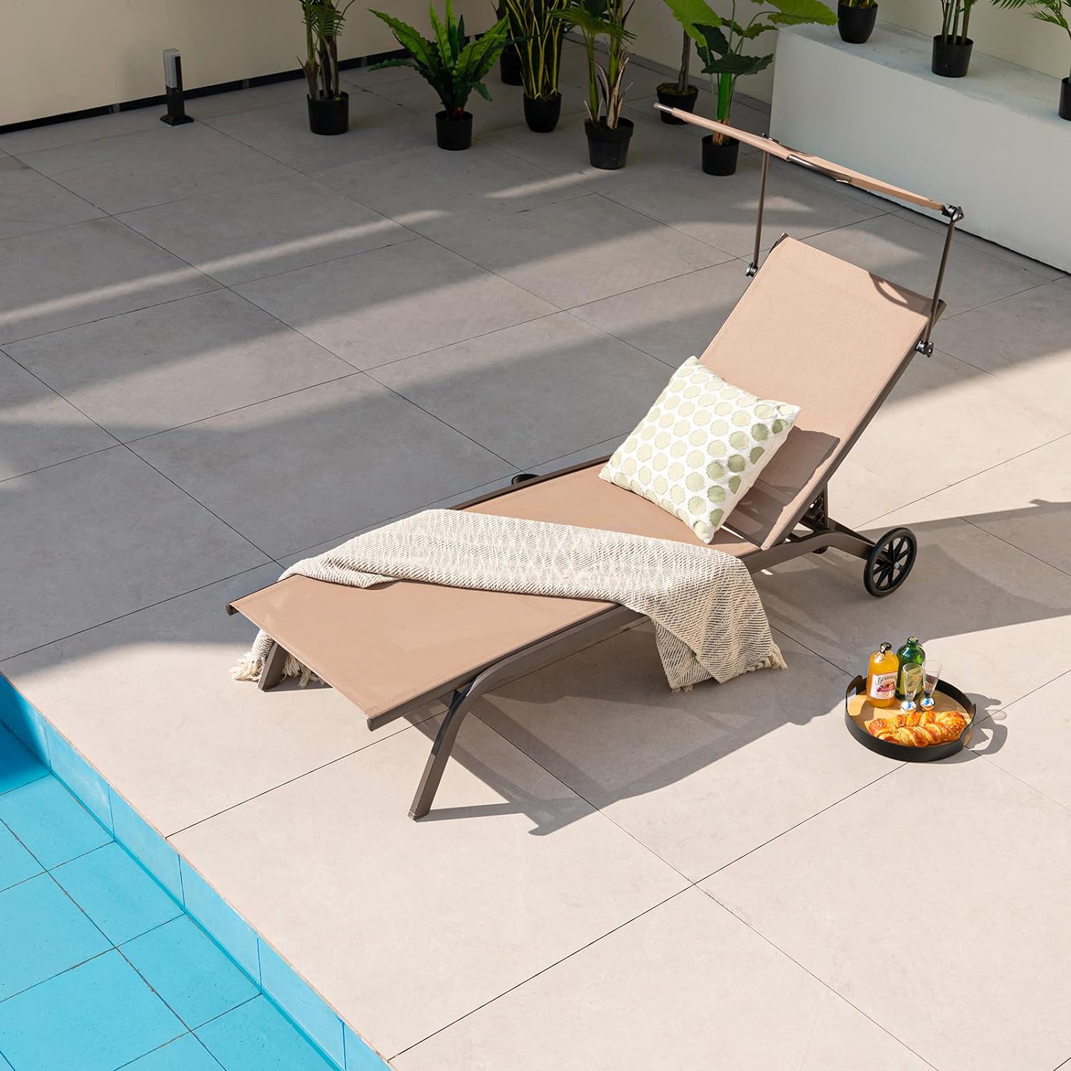 Transat Jardin Extérieur - Pare-Soleil Réglable, 165x61x96 CM, Bain de Soleil - Dossier Réglable 6 Niveaux avec Roulettes Charge 150KG, Marron - 9