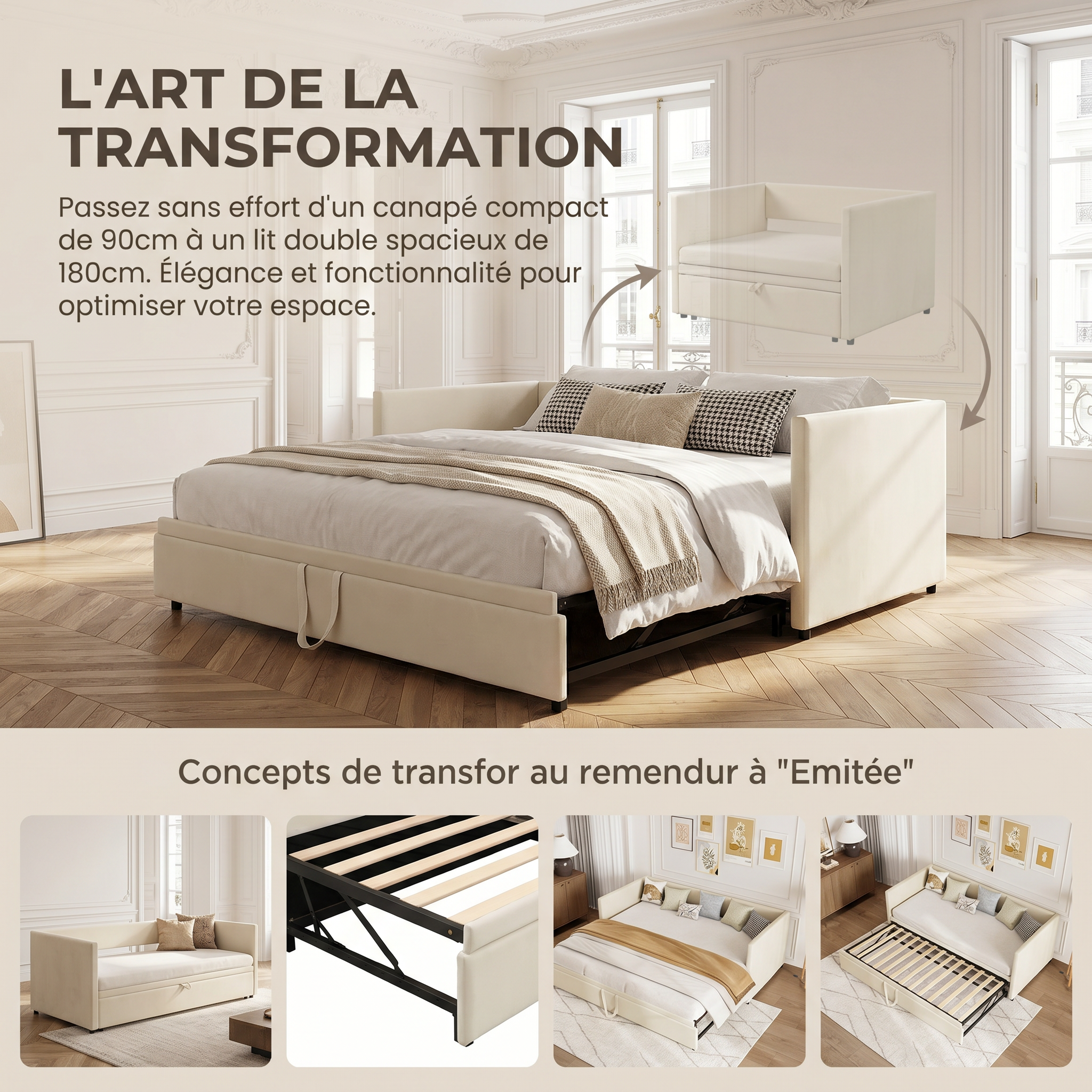 Canapé-lit extensible 90/180 x 200cm 2 Places, canapé convertible rembourré avec sommier à Lattes, velours, beige, sans matelas - 5