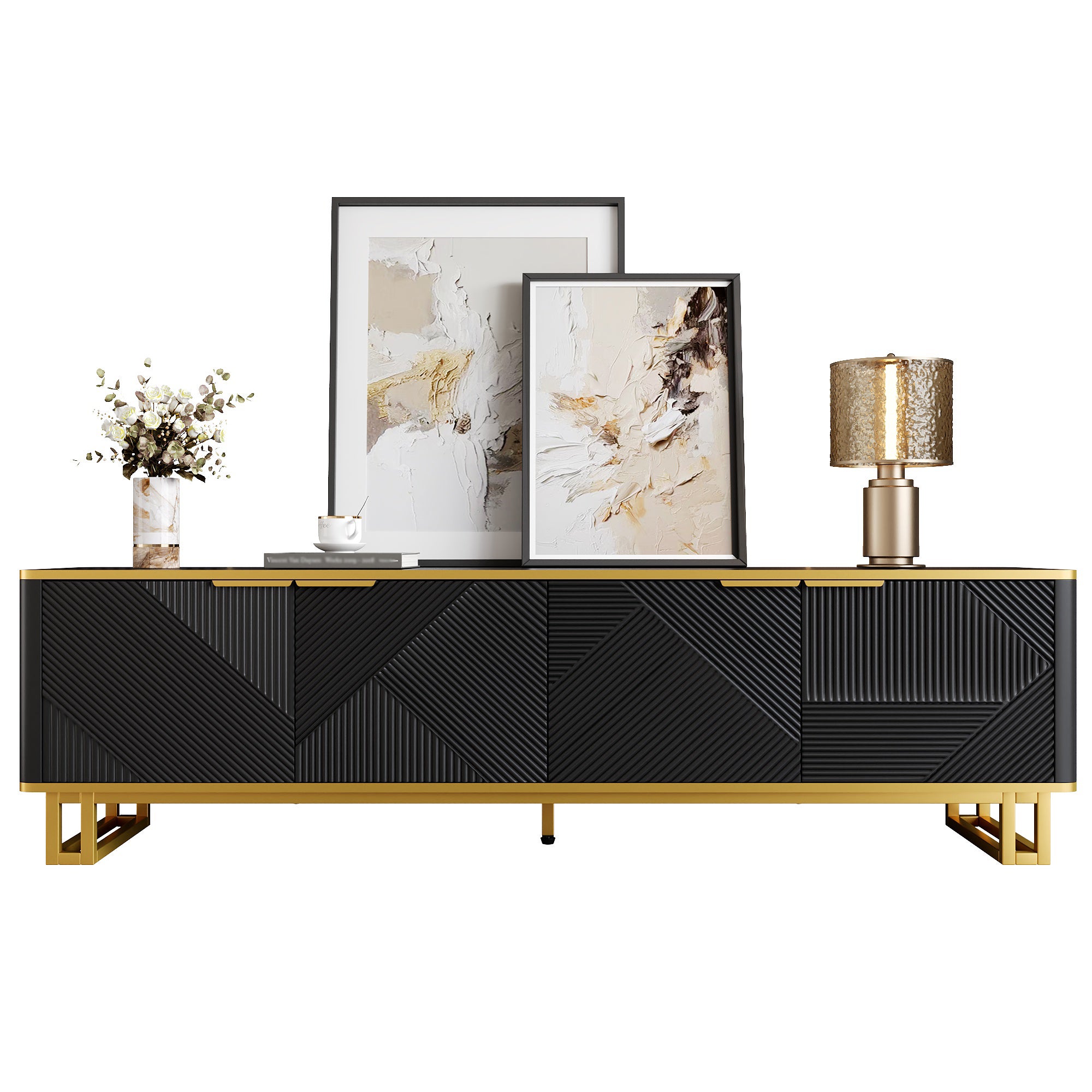 Stojak pod TV z 4 drzwiami - 160 x 37,5 x 48 cm - MDF i nogi z metalu w kolorze złotym - Czarny - 2