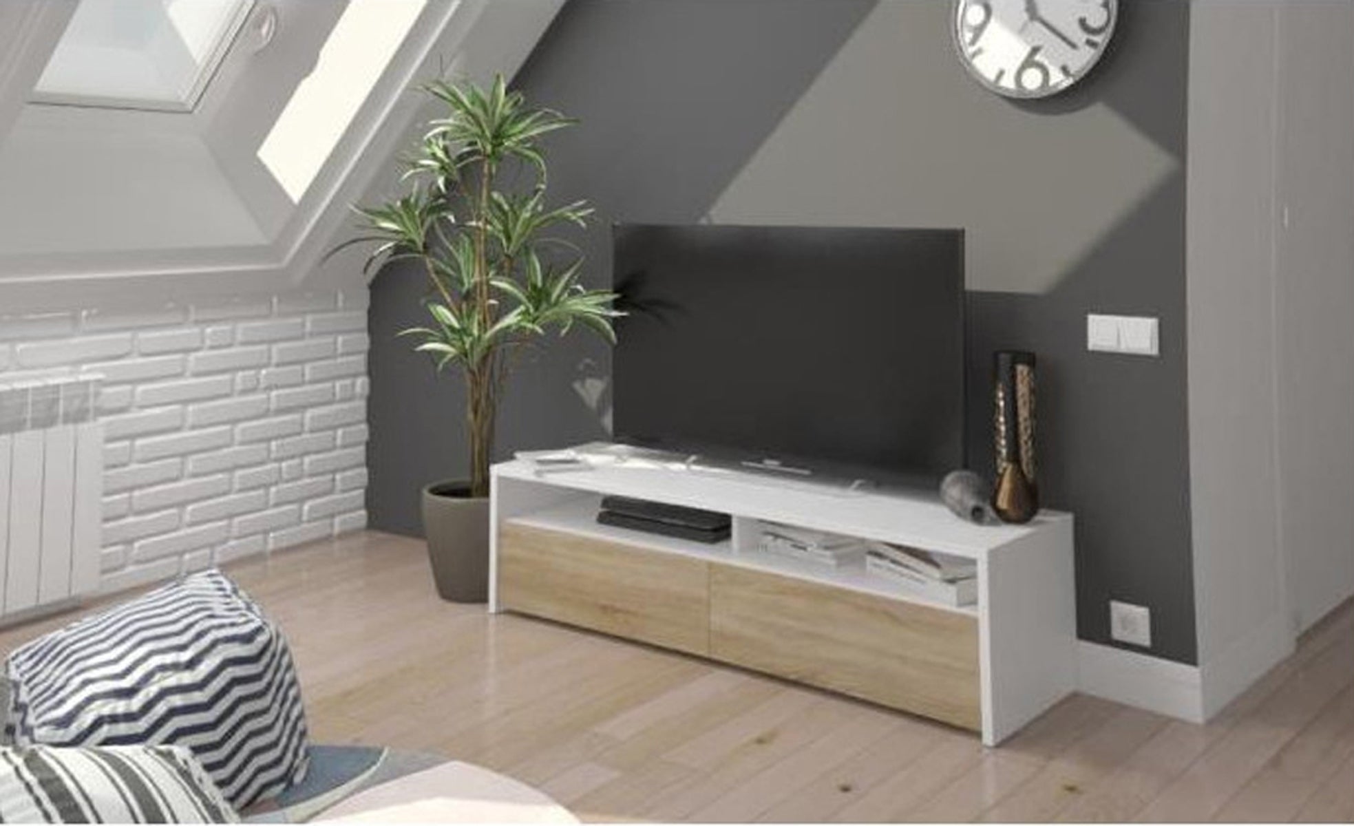 Meuble TV décor blanc et chêne - Dim : L 130 x P 42 x H 36 cm - 2
