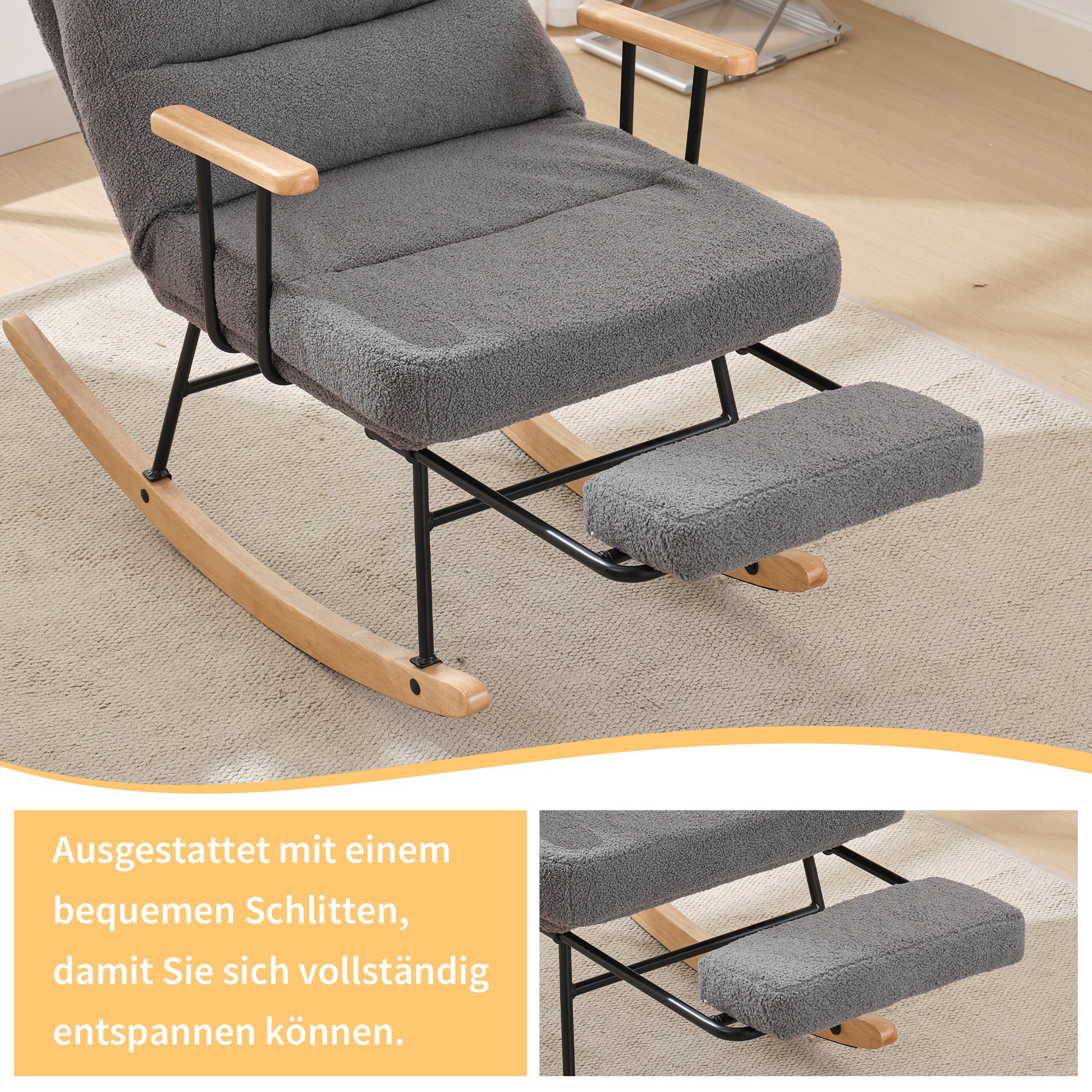 Fotel bujany z funkcją odchylania i podnóżkiem - 58 x 102 x 100 cm - Teddy-Polar - Szary - 3