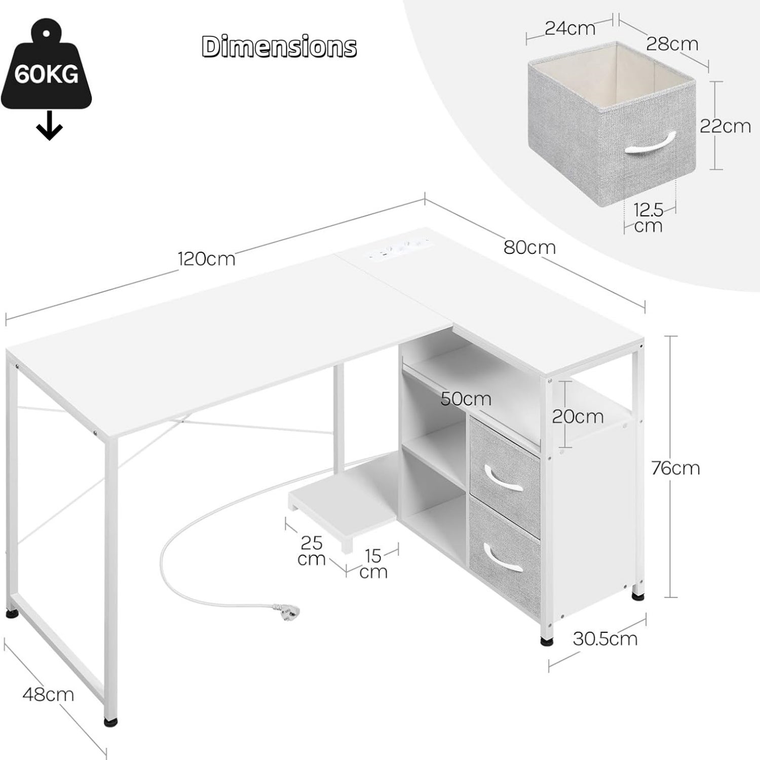 Bureau d'angle WOLTU, 120x80 cm, Table d'Ordinateur avec Étagère Réversible, Prises et Port USB-A Typ-C, Forme de L, Cadre en Métal, Blanc - 4