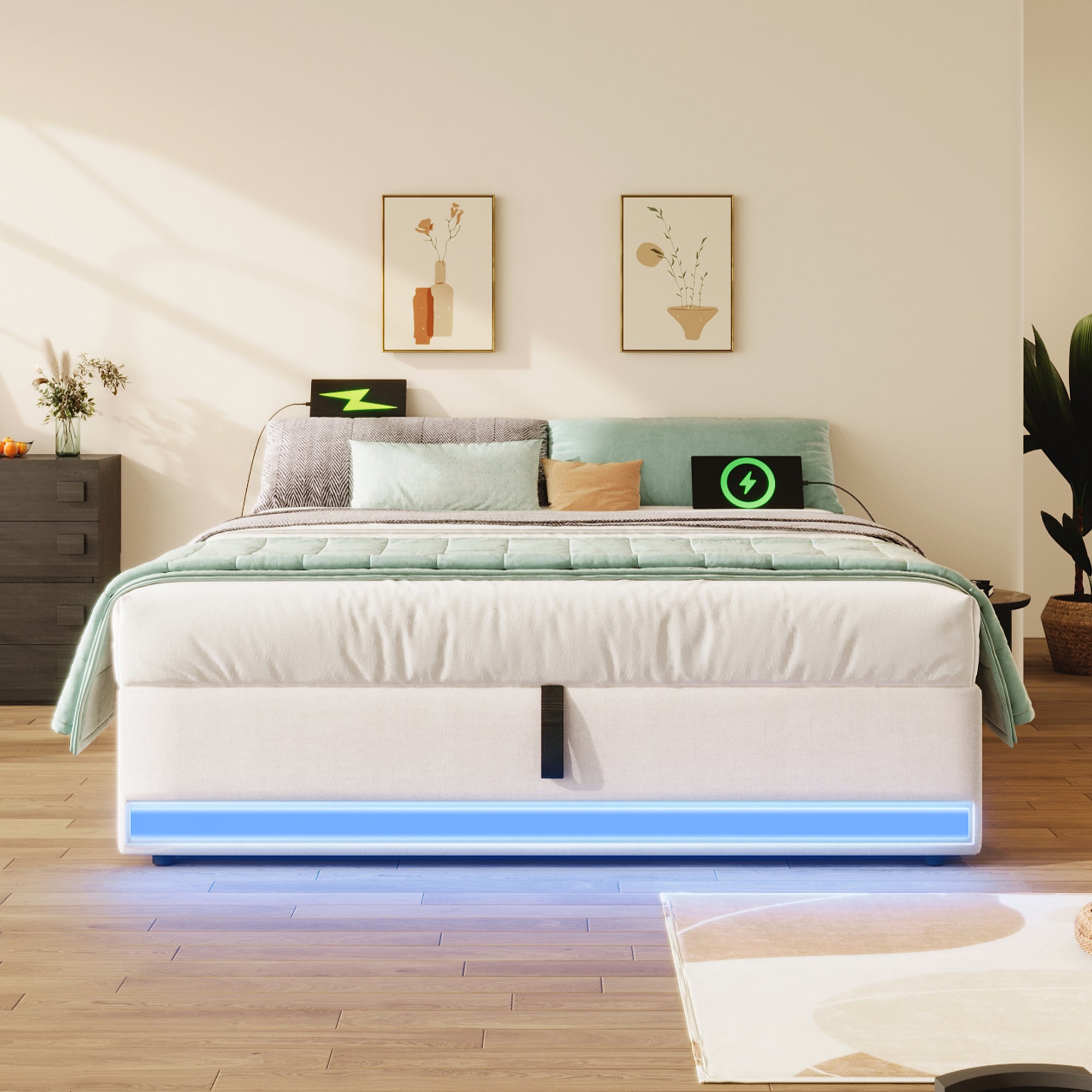 Wyściełane łóżko skrzyniowe 140x200 cm - z oświetleniem LED - z portami USB + Type-C - szare (materac nie wchodzi w skład zestawu)