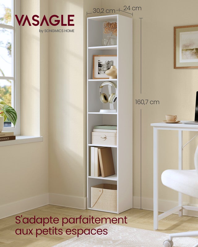 Bibliothèque, Étagère sur 6 Niveaux, Meuble de Rangement Ouvert, Étagère, 24 x 30,2 x 160,7 cm, pour Salon, Bureau, Salle à Manger, Blanc Nuage - 2