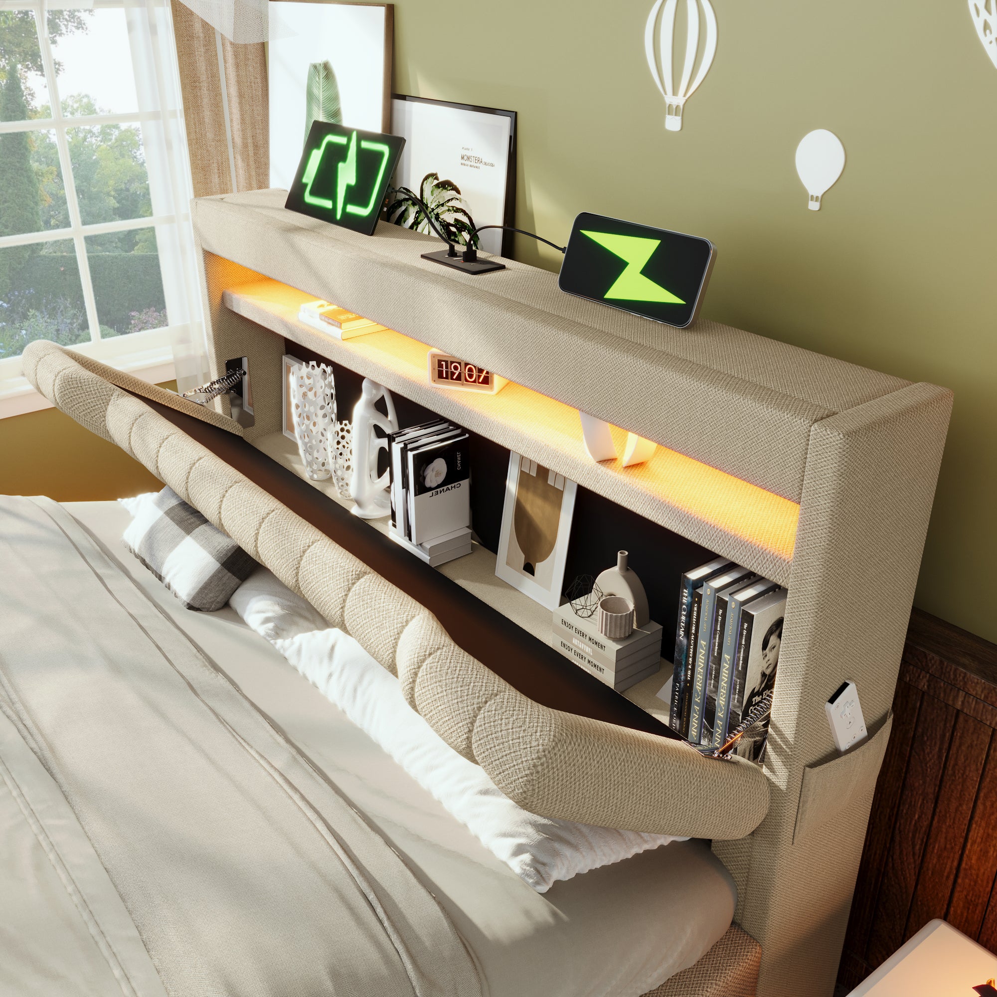 Cama canapé tapizada 140x200cm - con LED - con puertos USB y Tipo C - Tejido de lino - Cabecero con espacio de almacenaje - Beige - 4