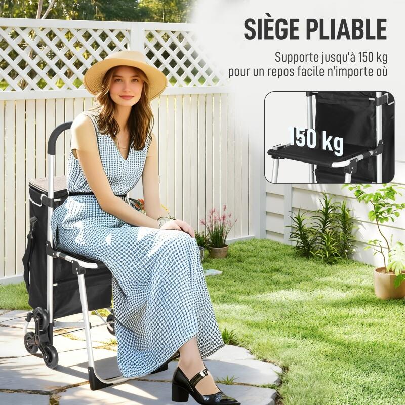 Chariot de courses pliable caddie de courses portable à roulettes avec siège pliable, sac amovible, 46x59,5x97cm, noir - 7
