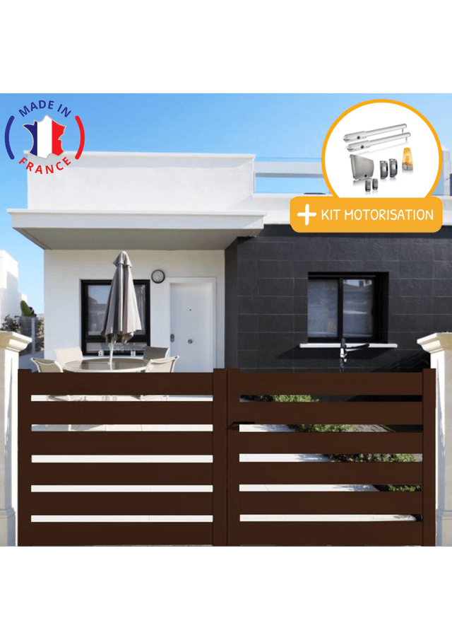 Portail aluminium battant SAH en kit + Motorisation dimensions L.3000 (entre piliers) X H.1500 mm SGS Essential (vérins) Couleurs Marron (RAL 1247)