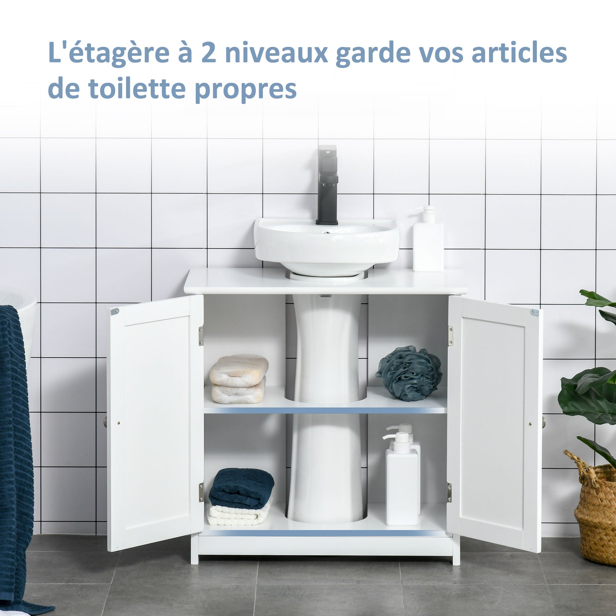 Meuble salle de bain sous lavabo - meuble sous-vasque - placard 2 portes avec étagère - dim. 60L x 30l x 60H cm - en bois blanc - 7