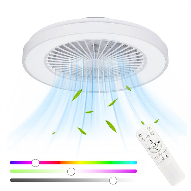 Ventilateur de Plafond LED RGB Ø 48cm, Moteur DC 20W Silencieux, Plafonnier Dimmable 3000-6500K, Fonction Été/Hiver, Mémoire & Minuterie, Télécommande