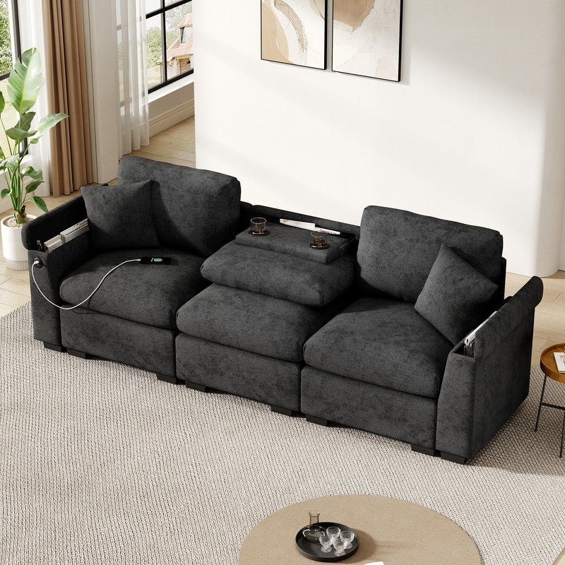 Canapé 3 places moderne - avec coussins et table pliante - comprend des ports USB et un porte-gobelet - gris - 3