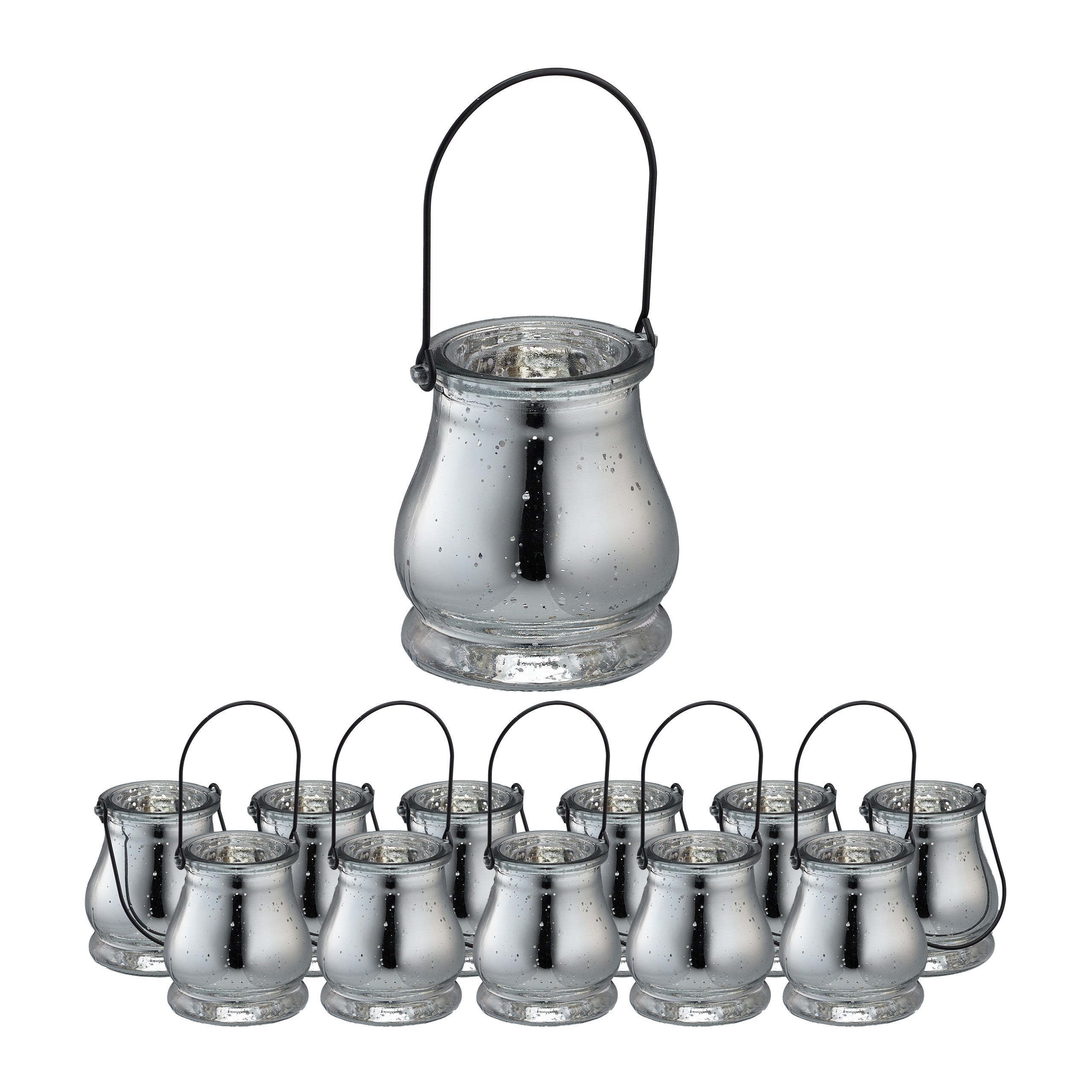 Relaxdays Lot De 12 Photophores Suspendre Verre Transparent – Avec Anses Noires & Argentées, Intérieur Extérieur, Décoration Bougie