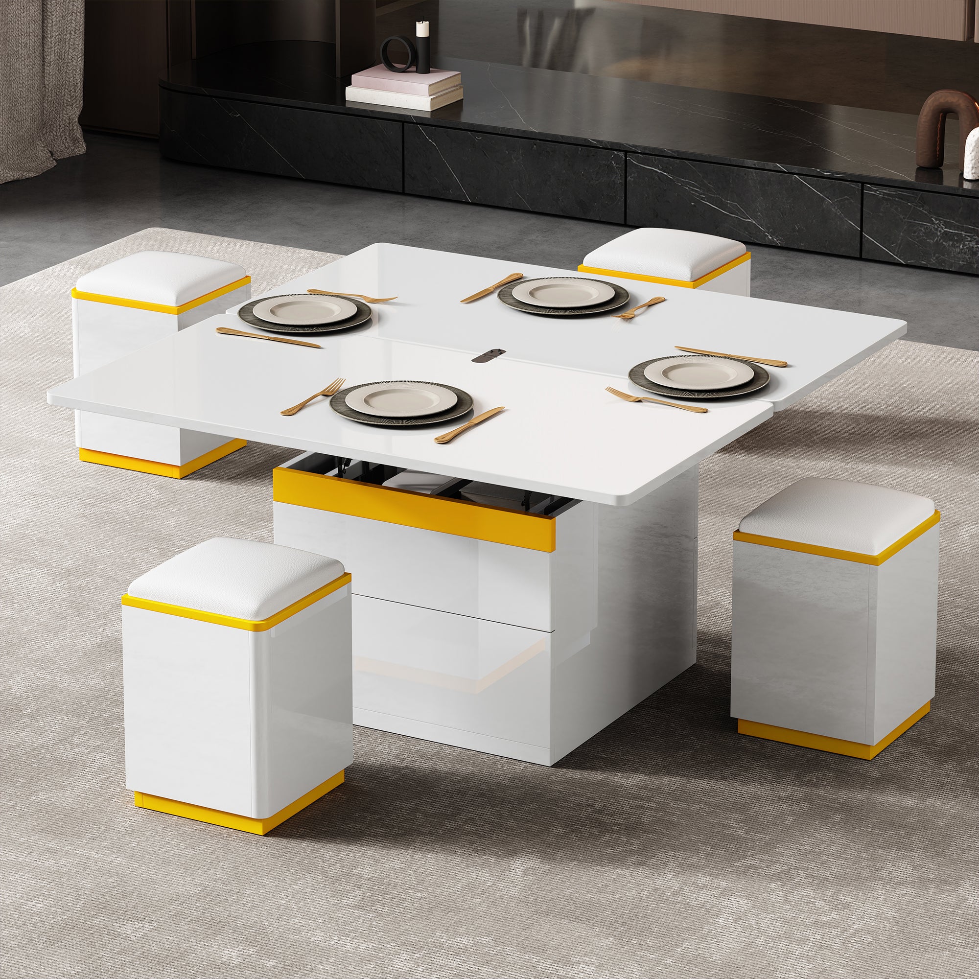 Stolik kawowy z podnoszonym blatem, 4 krzesłami i 2 szufladami – 100 x 50 x 43 cm – Płyta wiórowa + MDF – Kolor biały - 6
