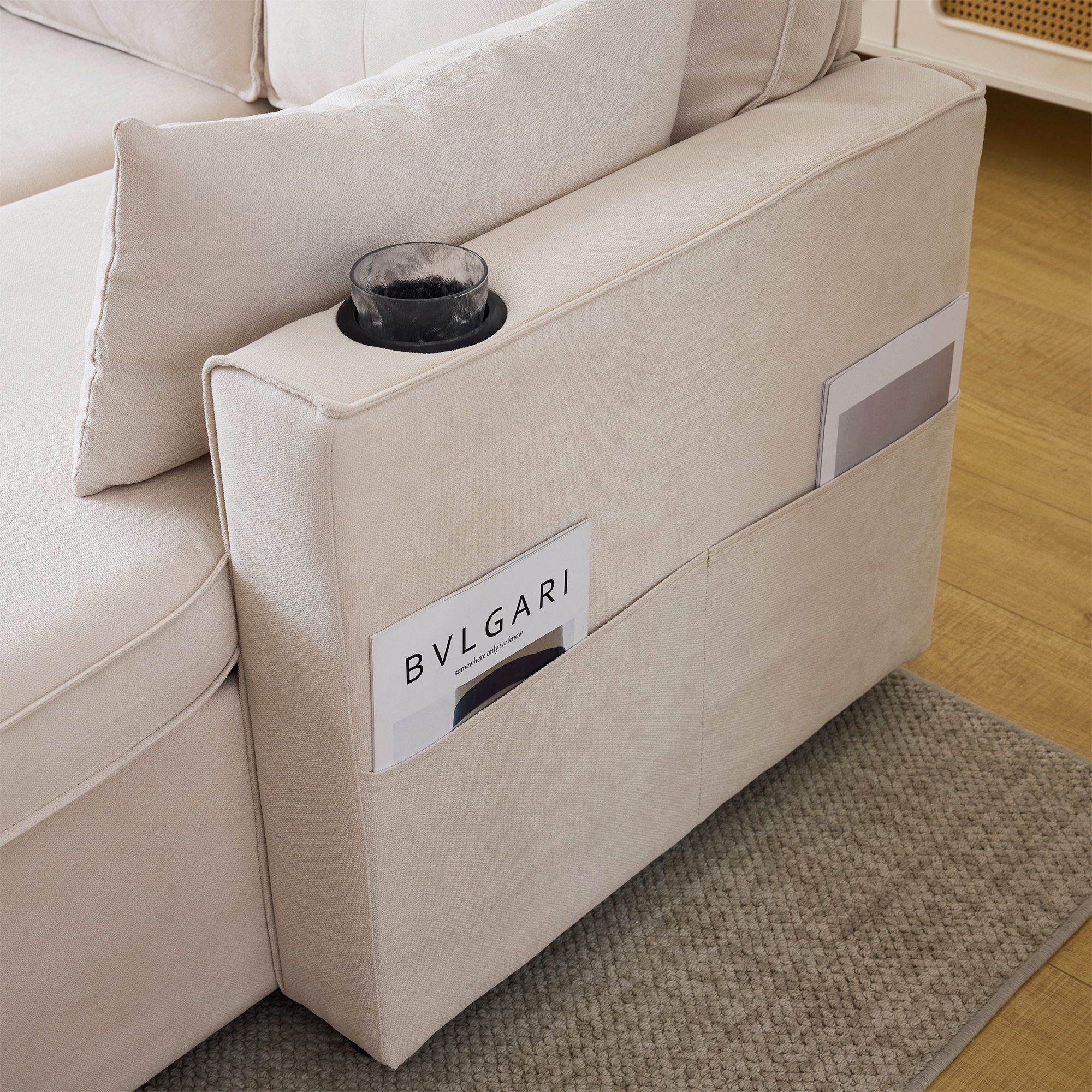 Divano angolare trasformabile a 3 posti con contenitore e portabicchieri - Funzione sleep - Cotone e lino - Beige - 5