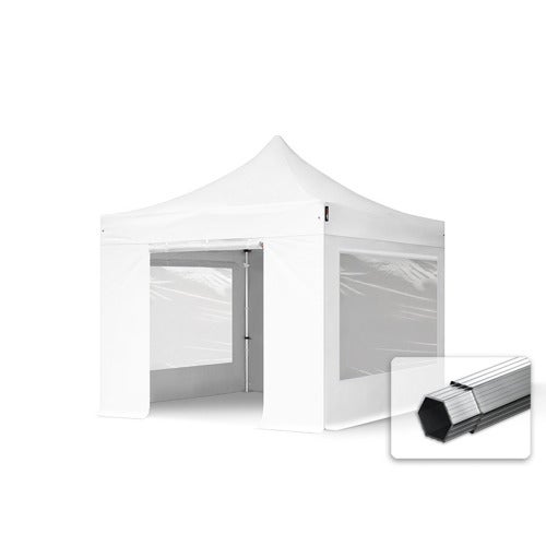 3x3m gazebo pieghevole PVC ignifugo con 4 laterali (finestre panoramiche), PROFESSIONAL alluminio, bianco