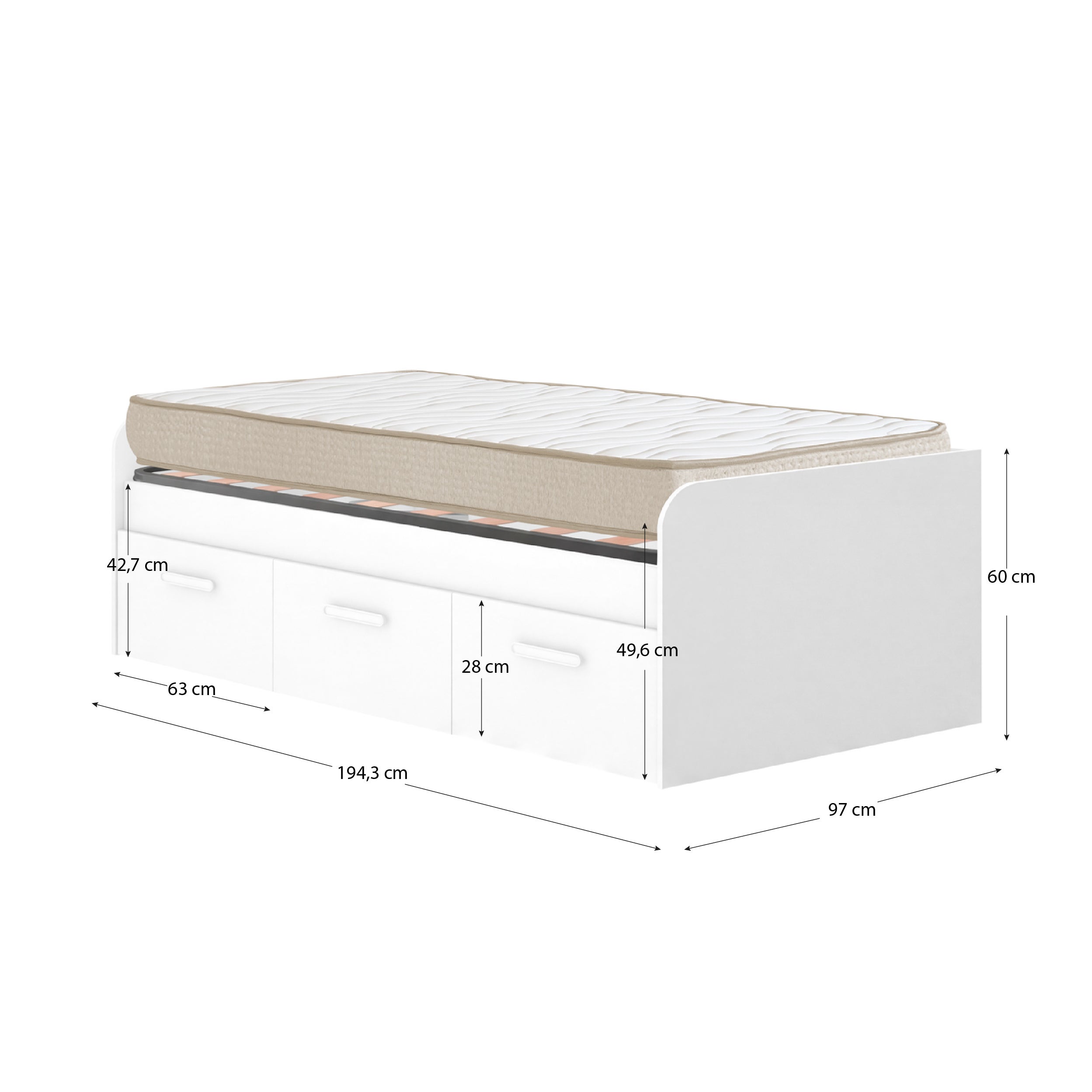 Pack ahorro juvenil Cama Mek con cajones, Colchón viscoelástico Nova y Somier 90 x 190 cm | Subida a domicilio - 3