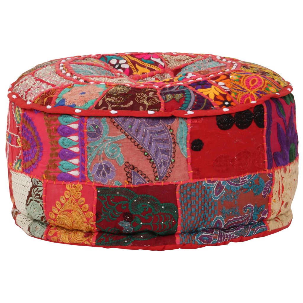 Pufe redondo feito à mão em algodão patchwork 40x20 cm vermelho - 2