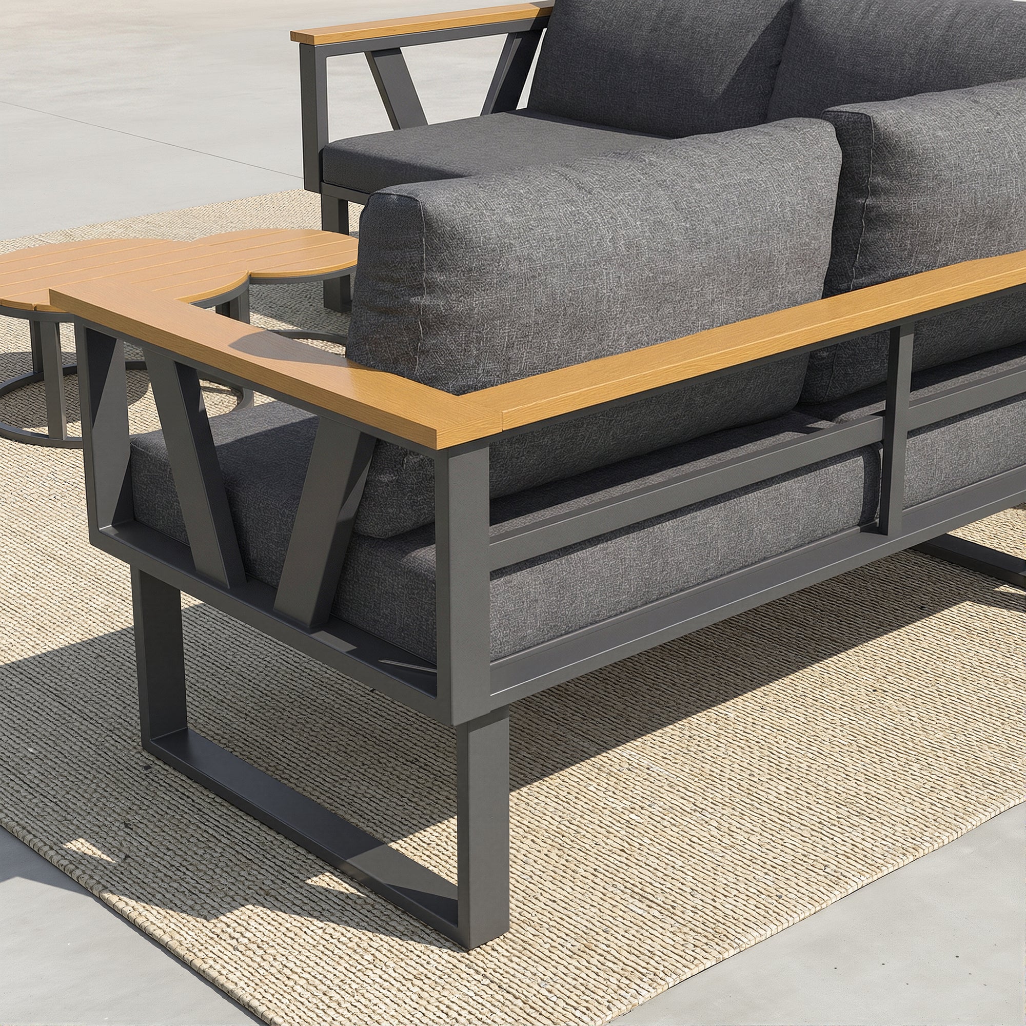 Salon de jardin - 6-7 places - en fer galvanisé - canapé d'angle - avec table basse gigogne - en bois plastique - fauteuil - repose-pieds, Gris - 7
