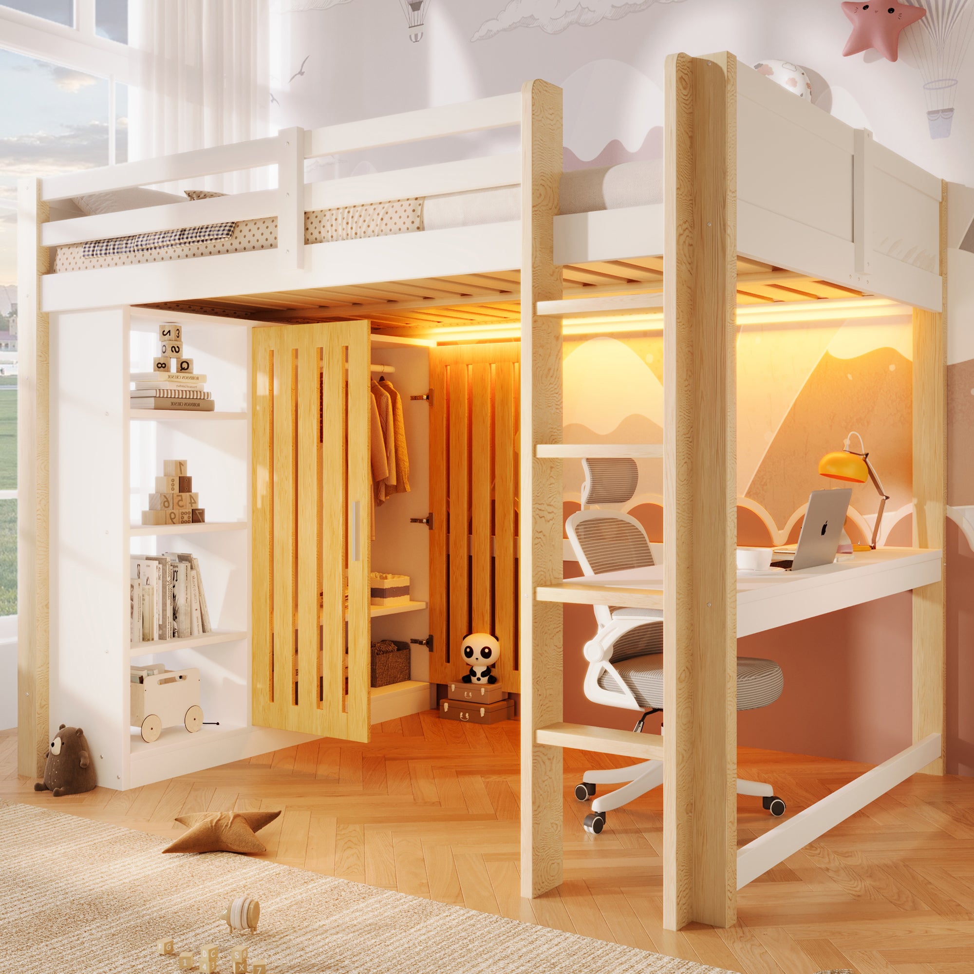Lit mezzanine 140 x 200 cm avec armoire, étagère et bureau - Pin + MDF + contreplaqué - LEDs - Blanc et naturel (Sans matelas) - 3