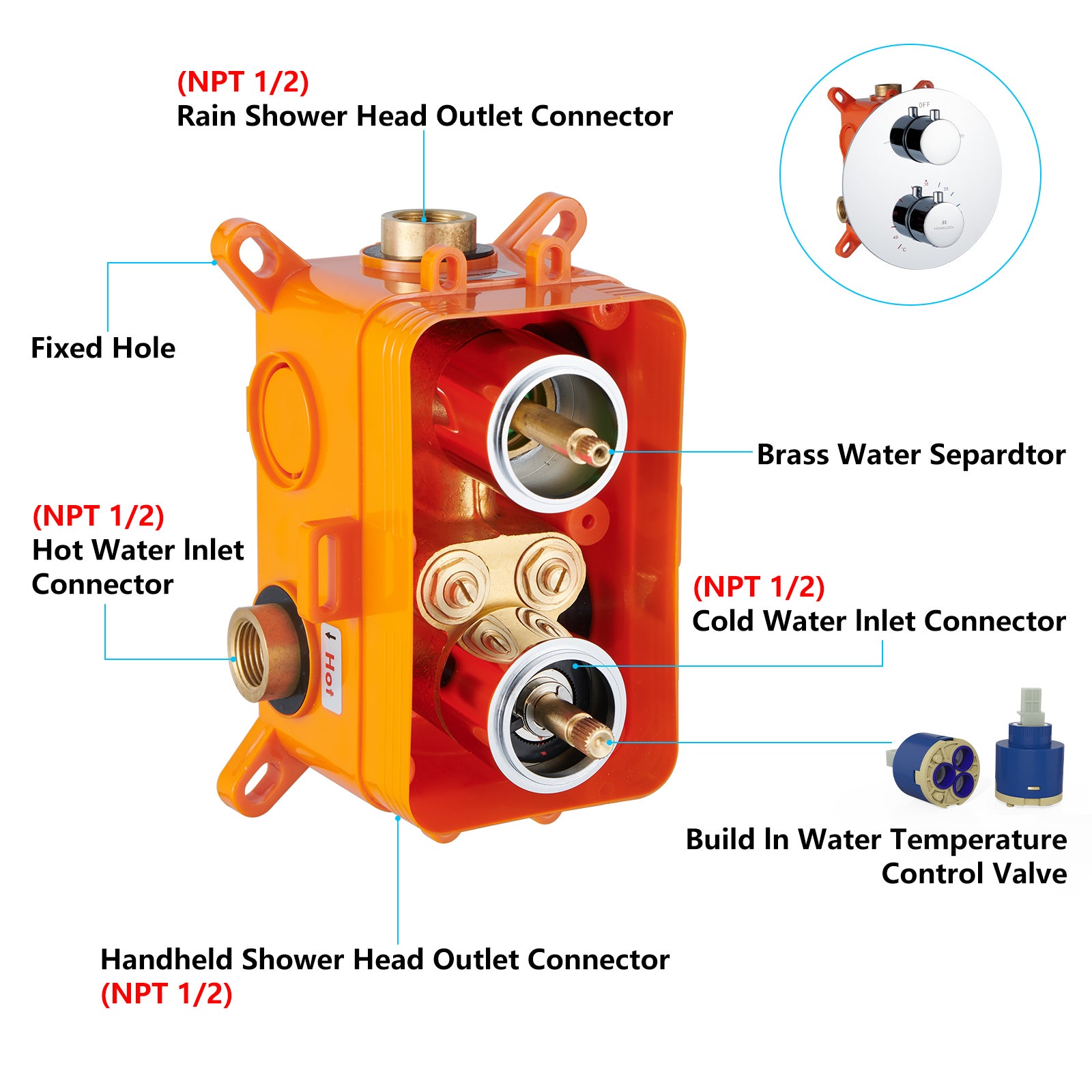 Encastré Colonne de Douche Thermostatique Système de Douche Rond Grande Douche de Tête Set de Douche Encastrée en Laiton Chromé Design Moderne - 2