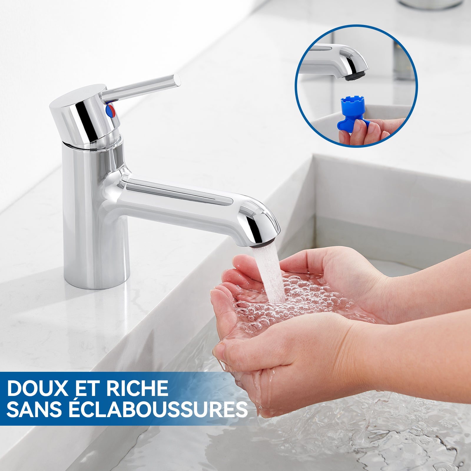 Robinet De Lavabo Salle De Bain Simple Eau Froide - Chrome, Avec Tuyau 60 Cm, Poignée Fleur De Prunier