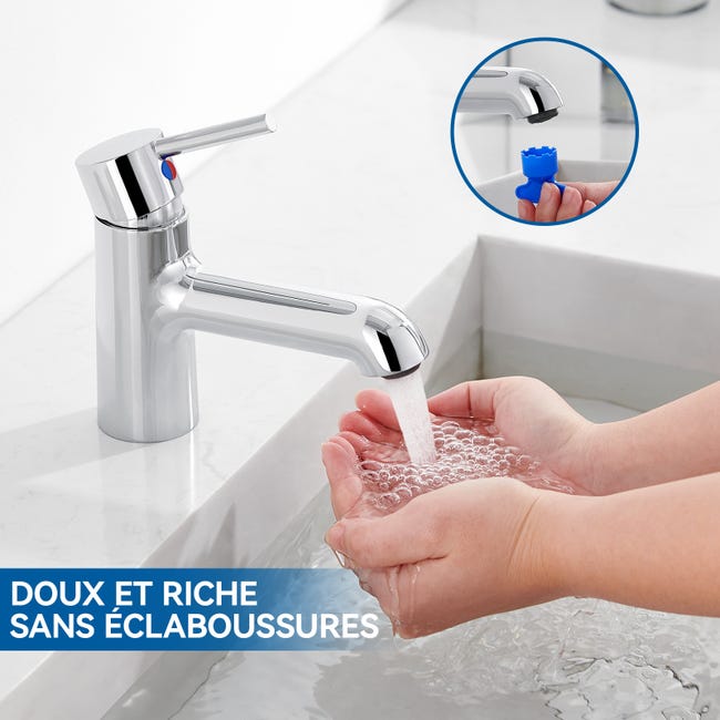 Robinet De Lavabo Salle De Bain Simple Eau Froide - Chrome, Avec Tuyau 60 Cm, Poignée Fleur De Prunier