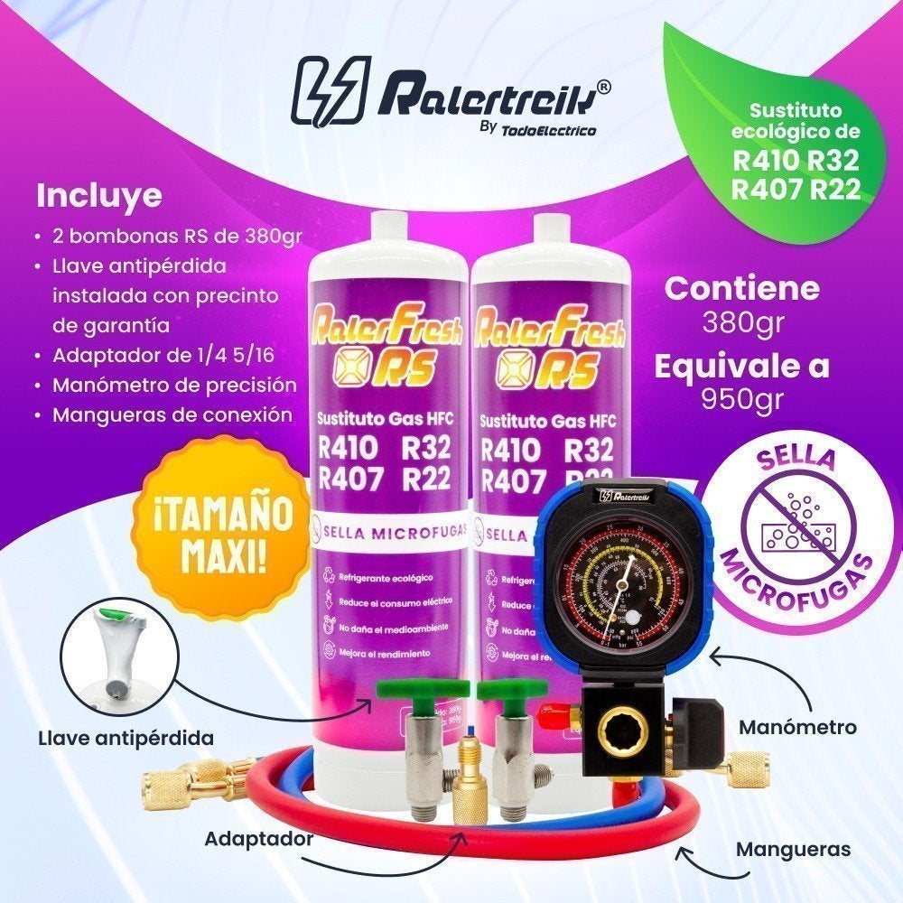 Pack 2 botellas gas refrigerante RALERFRESH RS con manómetro, mangueras, llave y adaptador - 2