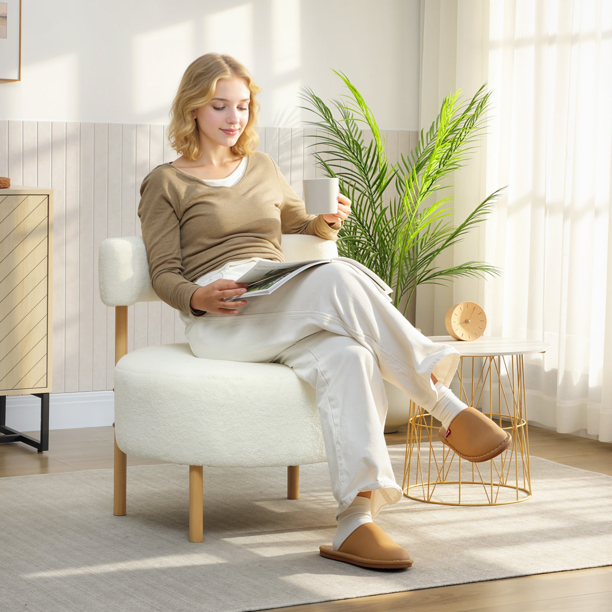 Fauteuil lounge capitonné une place bouclé crème dossier incurvé assise large 67x67x71 - 3