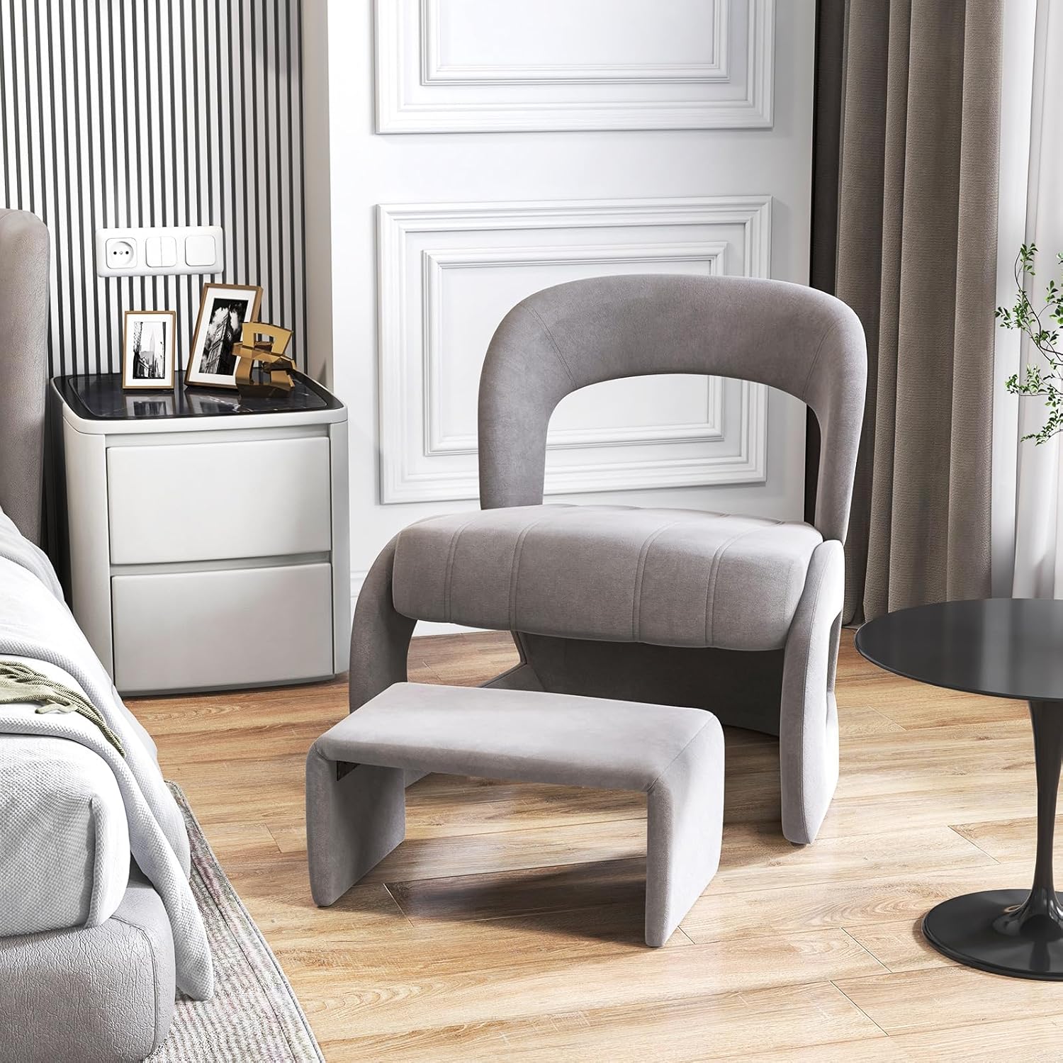 YOTATING Sedia moderna con ottomana, sedia da salotto contemporanea, per il tempo libero, con braccioli e tasca laterale, sedia da lettura per soggiorno e camera da letto, bordeaux