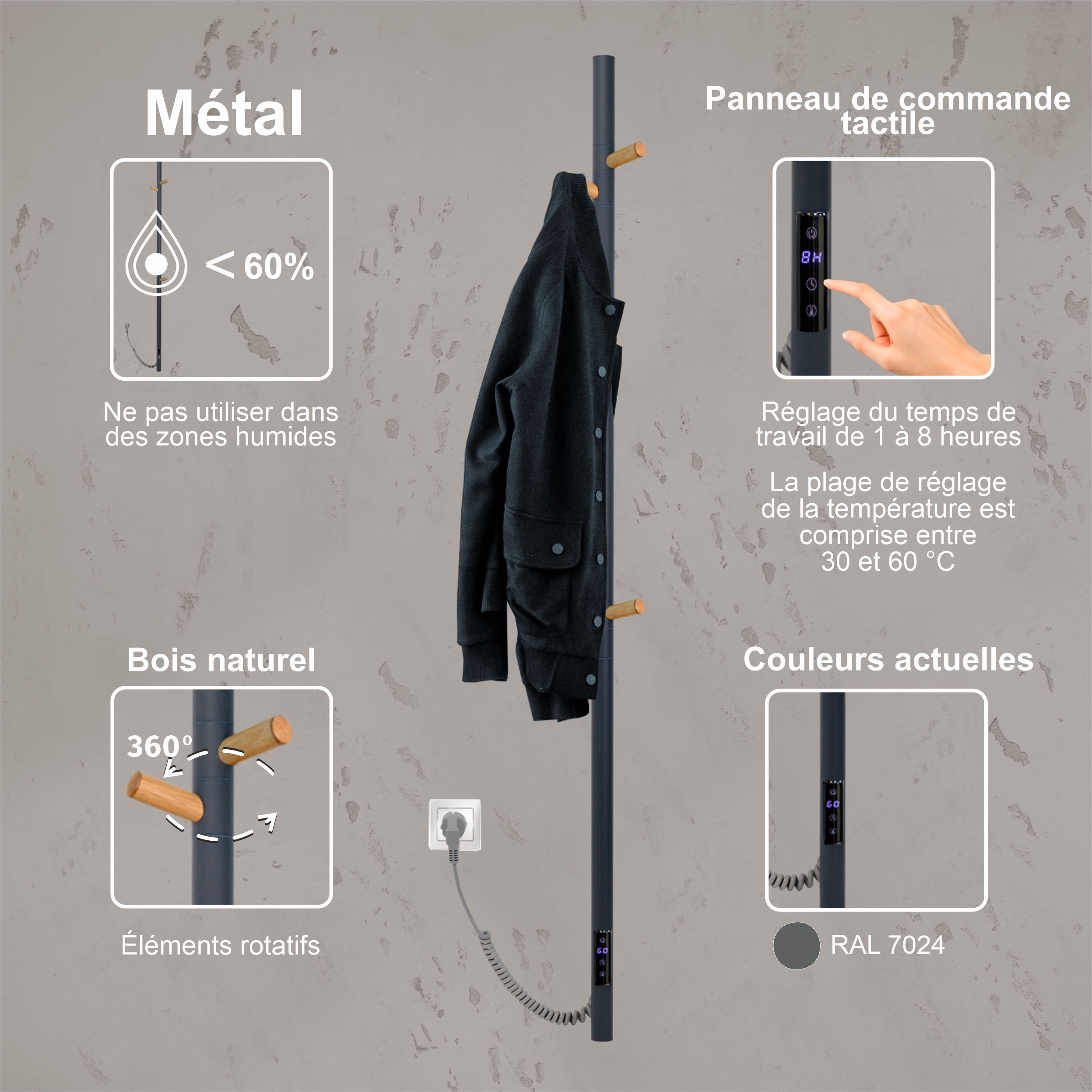 Sèche-serviettes électrique design, métal, PRIMUM HOME GREY, 60W, 15х140 cm - 3