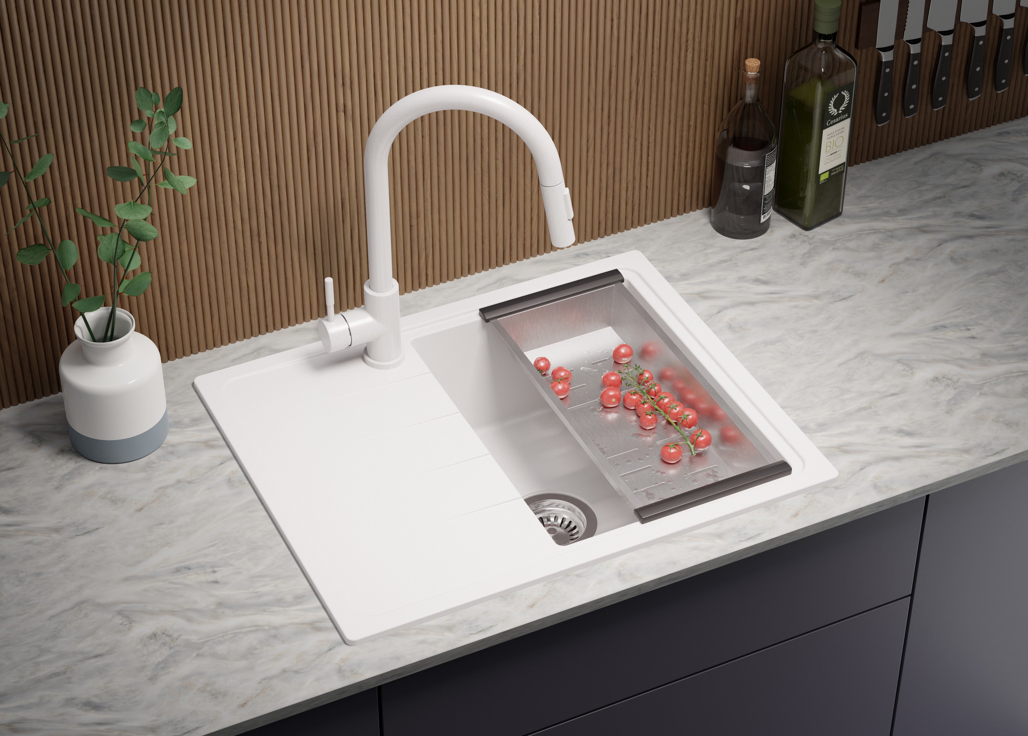 Lavandino da Cucina Bianco 62x50cm, Lavello in Granito a 1 vasca + Sifone Classico + Accessori, Lavabo da Cucina Incasso al mobile 40cm PRIMAGRAN - 3