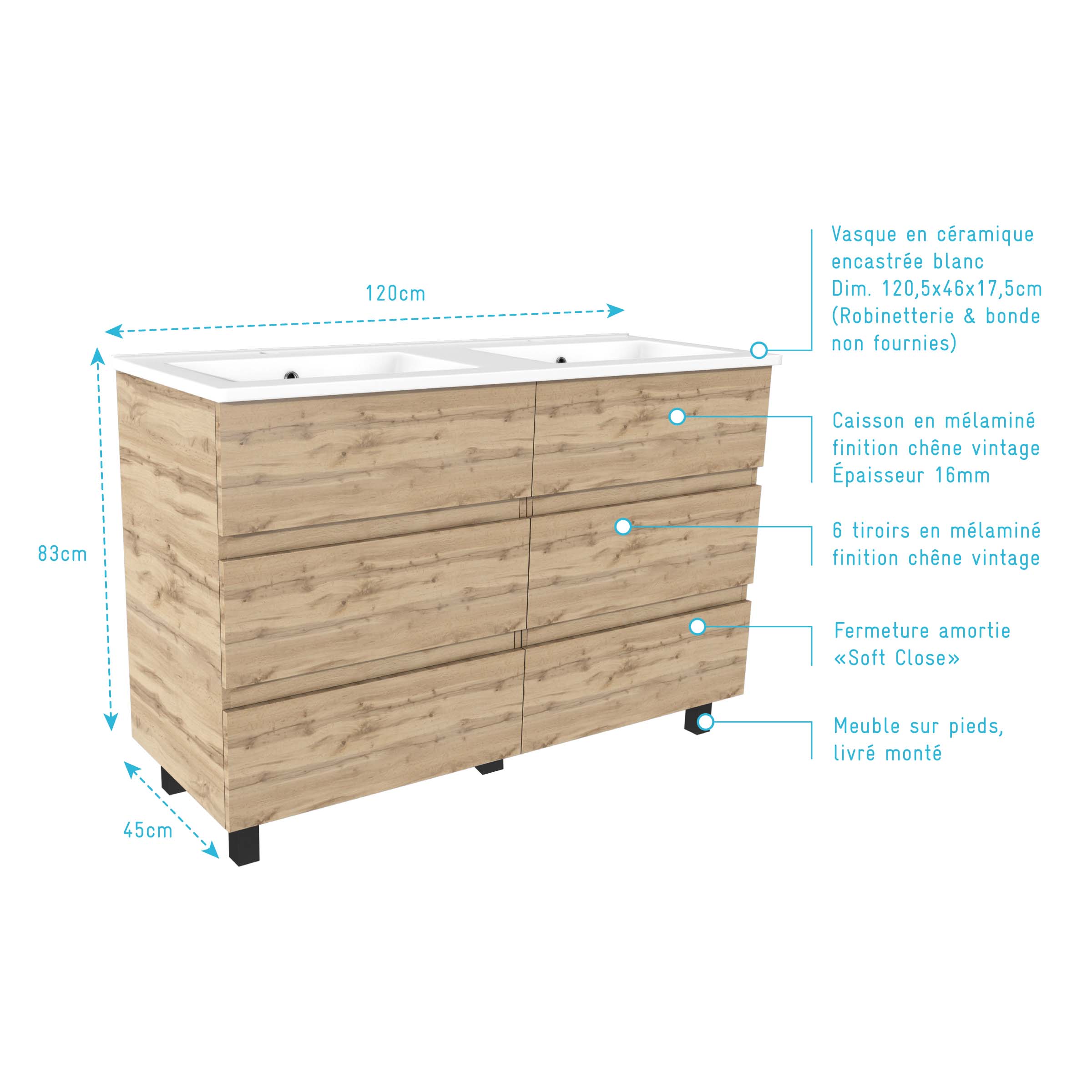Meuble de salle de bains 120cm 6 Tiroirs_Chêne Naturel + Vasque céramique blanche - TIMBER 120 - 4